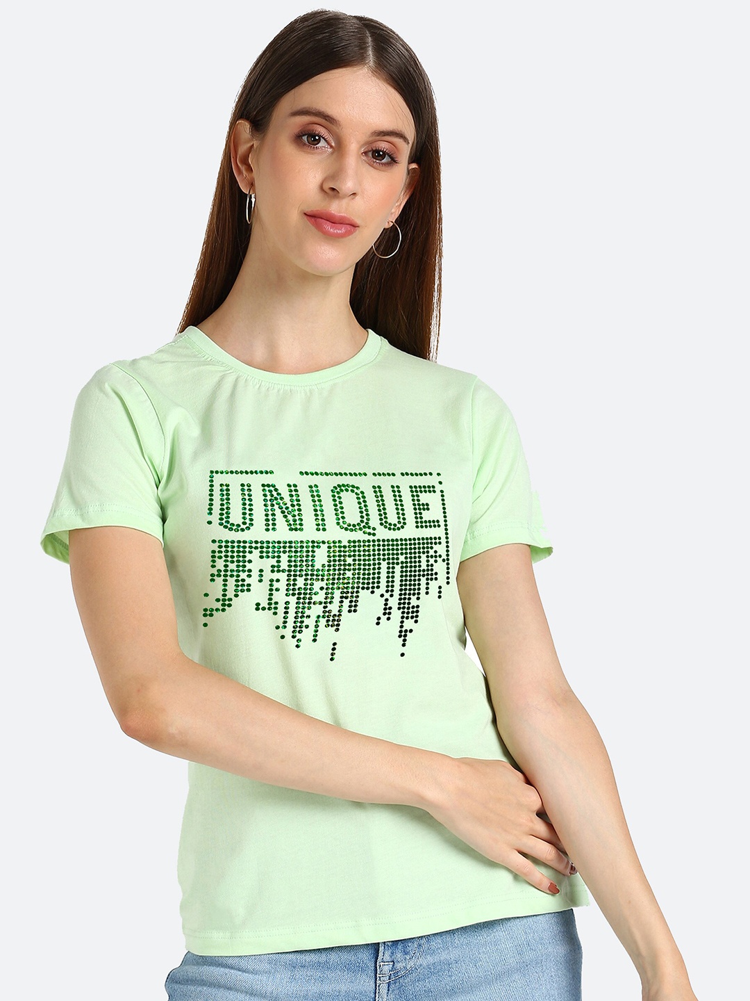 

shashvi Women Sea Green Typography Printed T-shirt