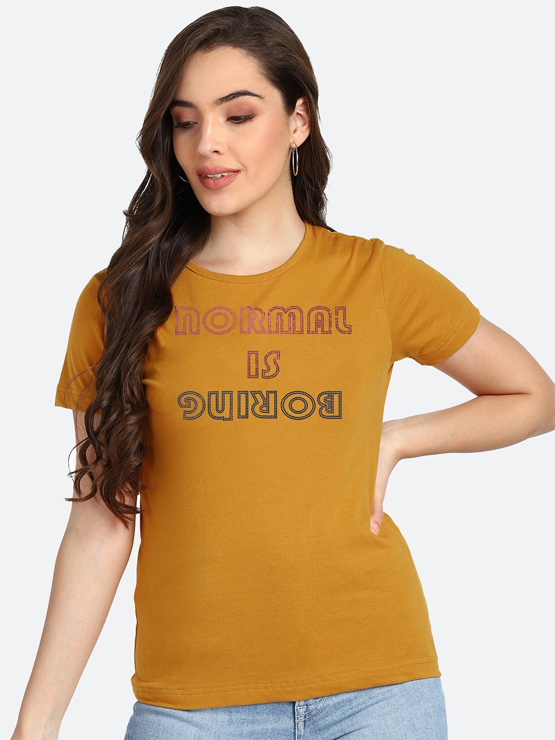 

shashvi Women Mustard Yellow Typography Printed T-shirt