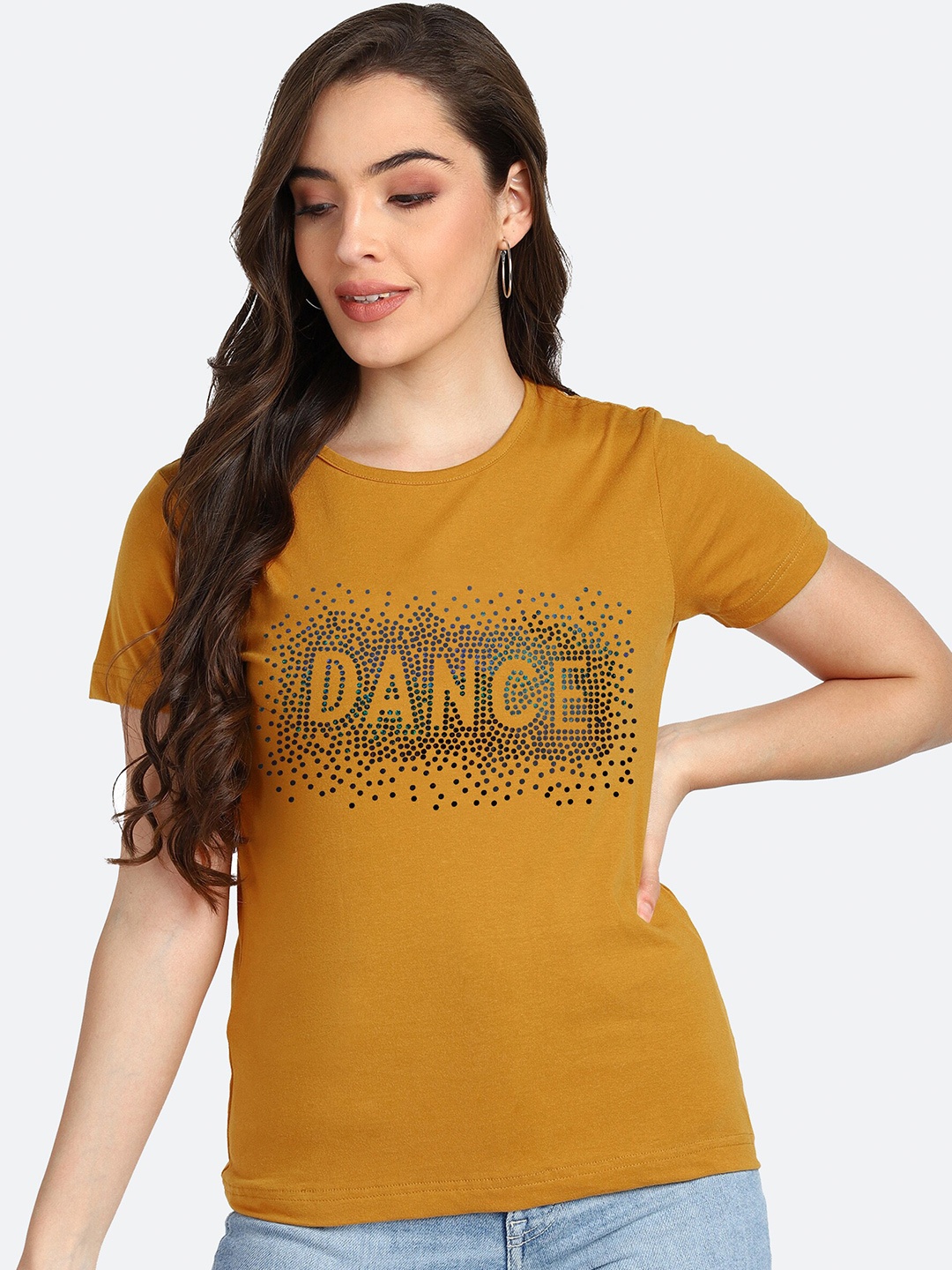 

shashvi Women Mustard Yellow Embellished T-shirt