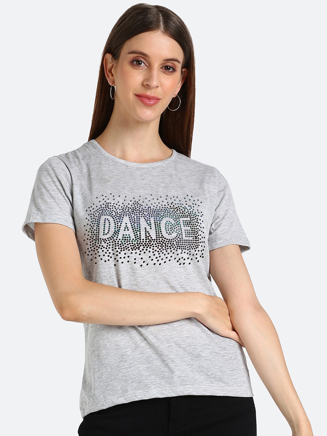 

shashvi Women Grey Melange Embellished T-shirt