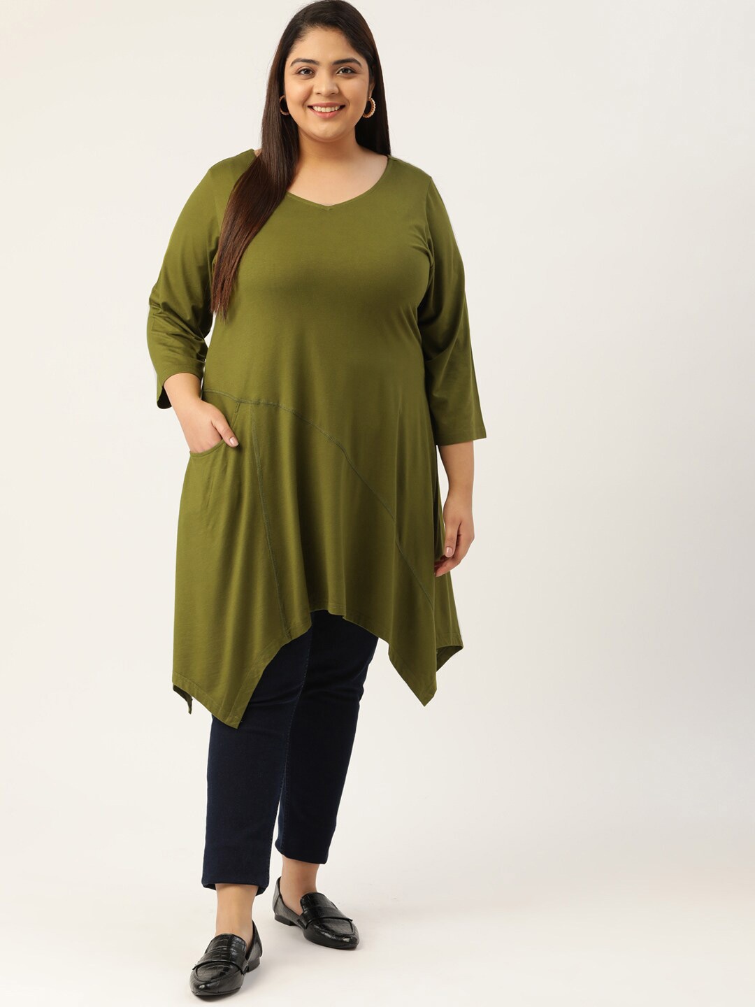 

theRebelinme Women's Plus Size Olive Green Asymmetric Hem Longline Top