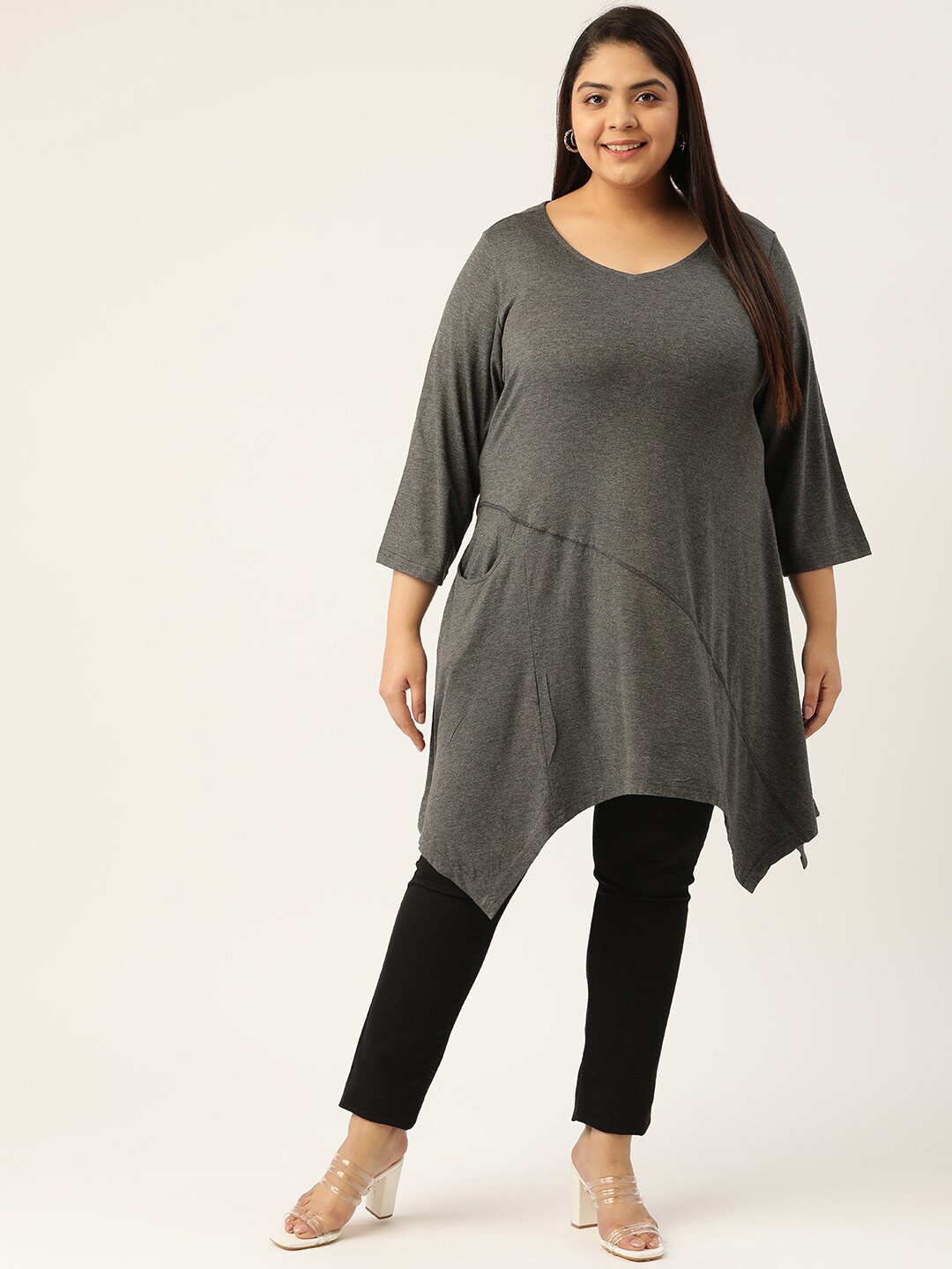 

theRebelinme Plus Size Women's Charcoal Grey Solid Color Asymmetrical Longline Knitted Top
