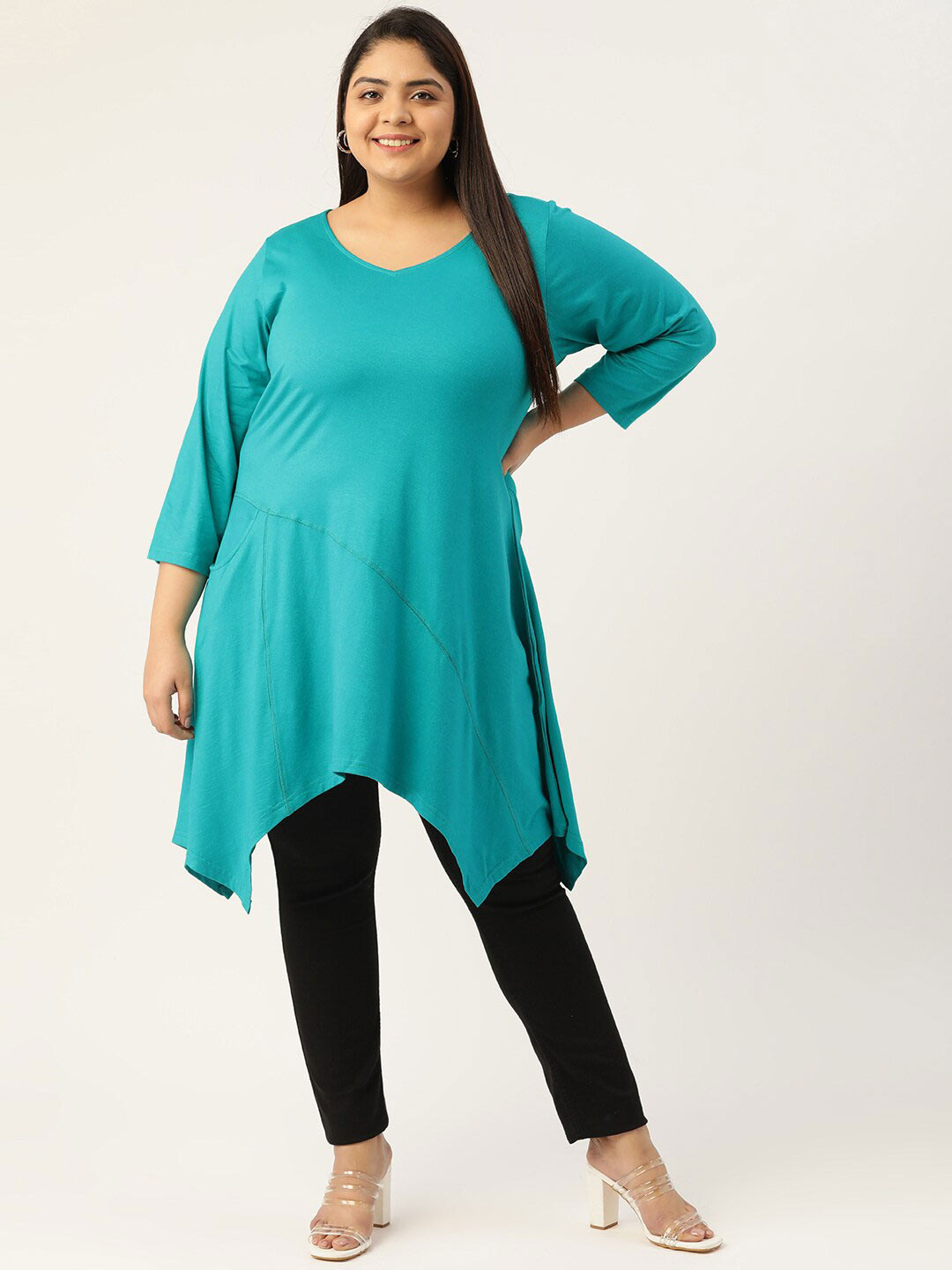 

theRebelinme Plus Size Women Turquoise Blue Asymmetrical Longline Top