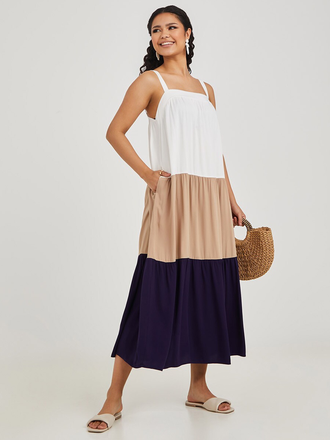 

Styli White & Beige Colourblocked Strappy A-Line Maxi Dress