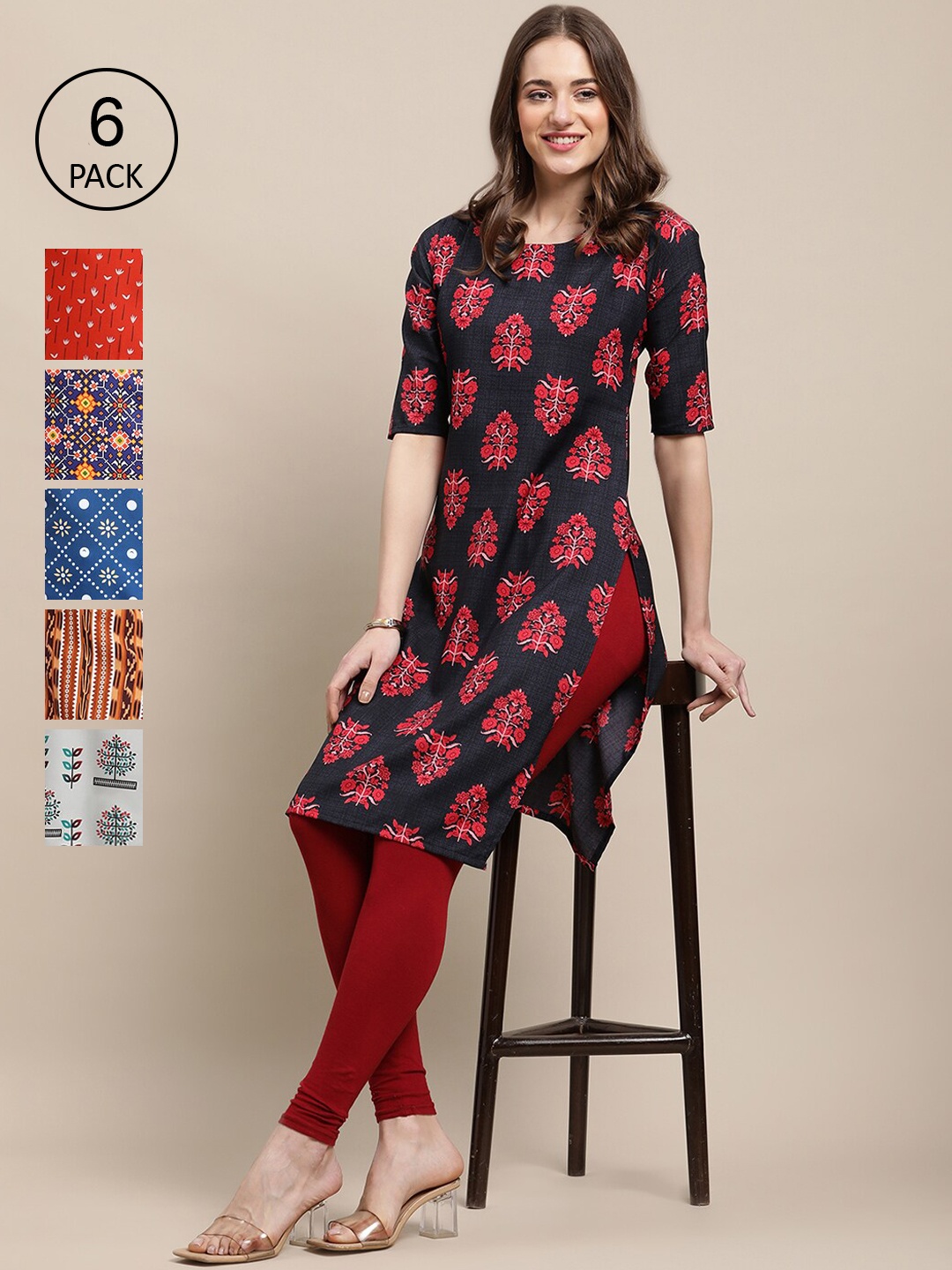 

7Threads Women 6 Multicoloured Geometric Printed Block Print Crepe Kurta, Multi