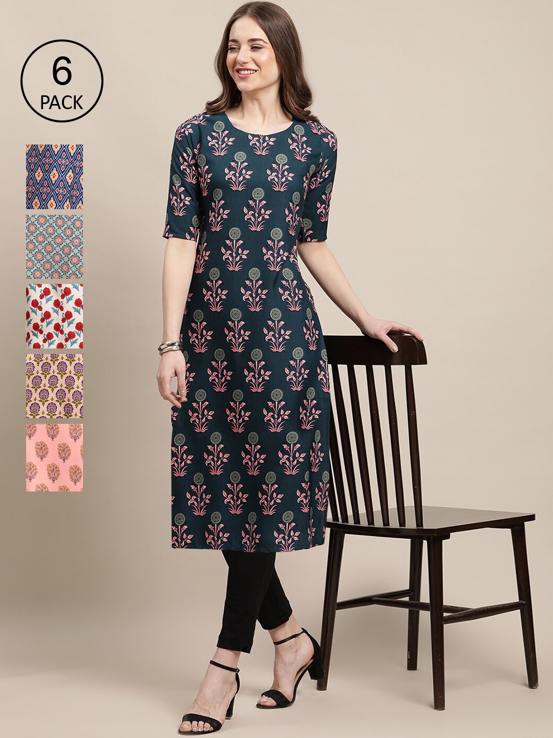 7Threads Women 6 Multicoloured Geometric Printed Crepe Kurta, Multi