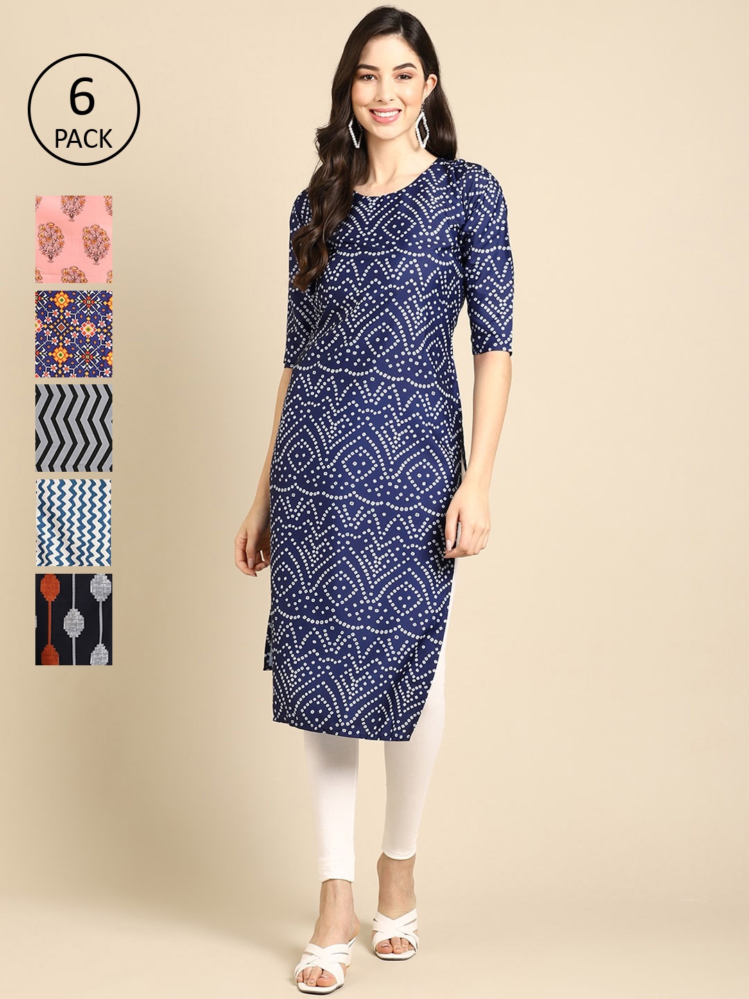 

7Threads Women Pack of 6 Printed Block Print Crepe Kurtas, Blue