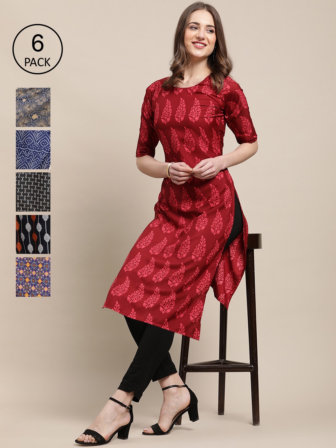 

7Threads Women Pack of 6 Printed Block Print Crepe Kurtas, Red
