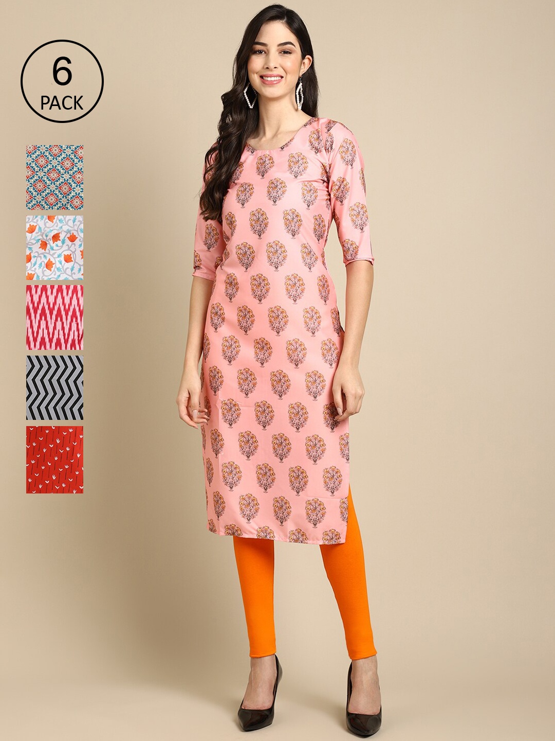 

7Threads Women Pack Of 6 Printed Block Print Crepe Kurtas, Orange