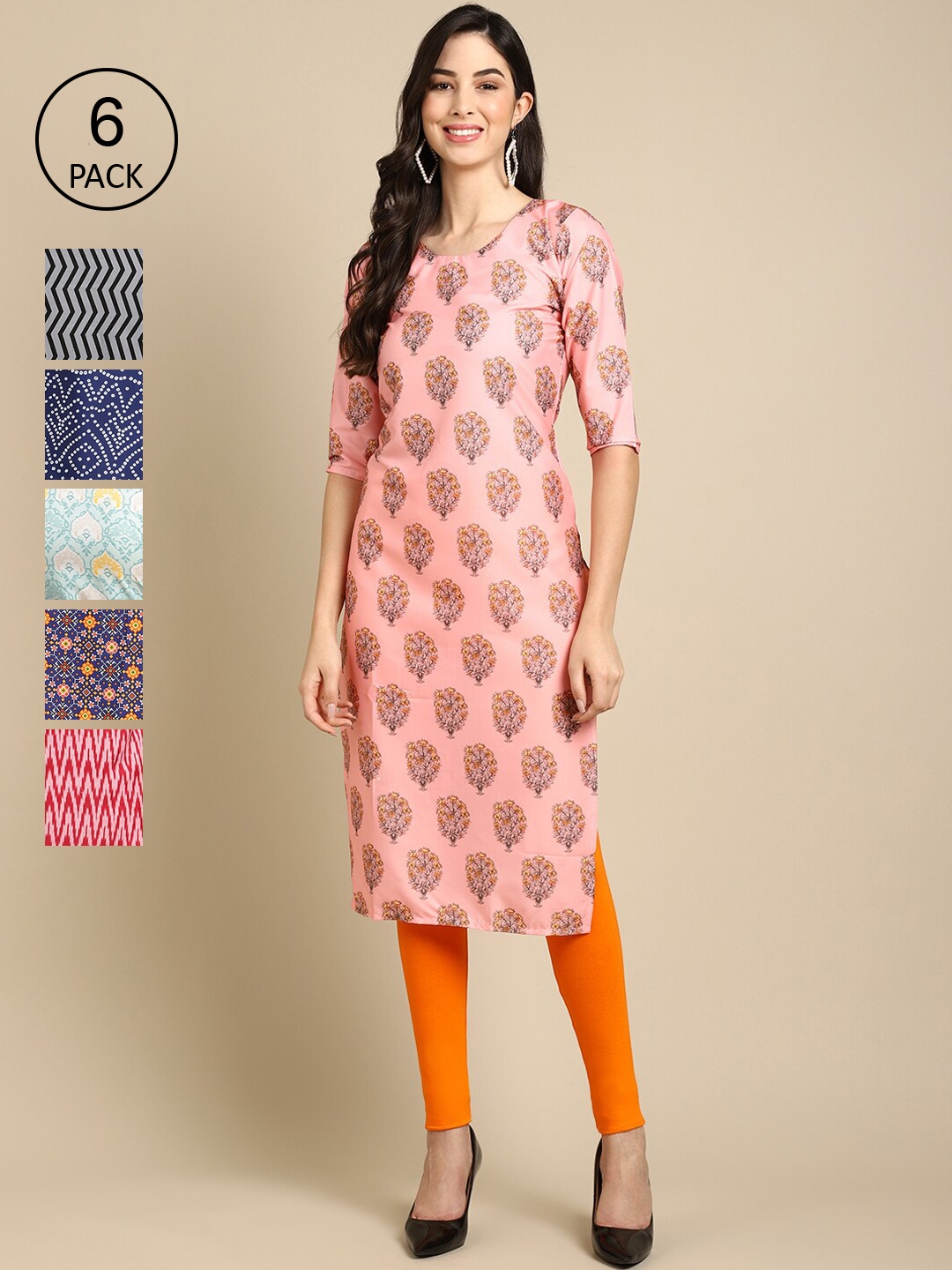 7Threads Women Pack Of 6 Geometric Printed Block Print Crepe Kurta, Pink