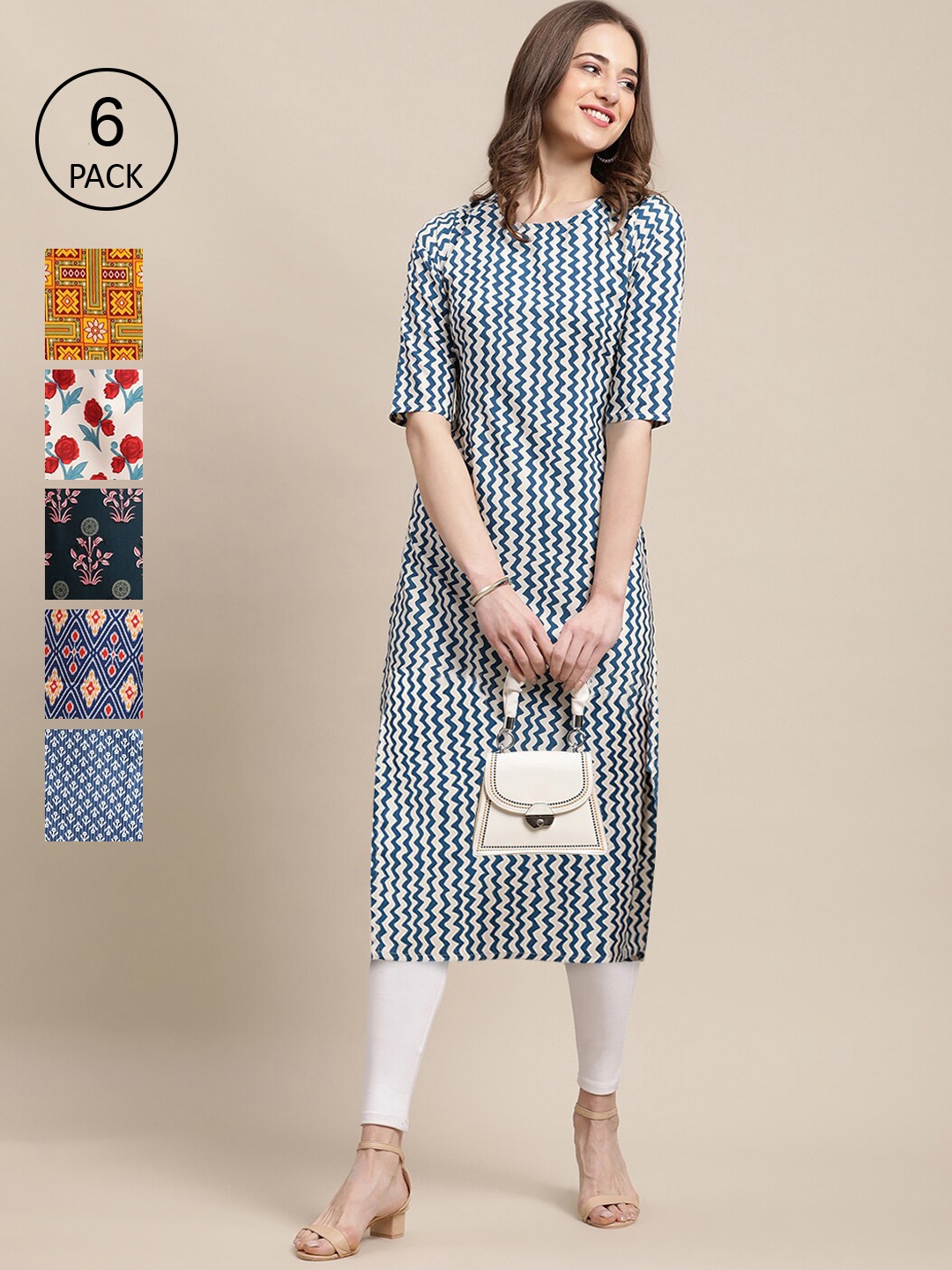 

7Threads Women Pack Of 6 Geometric Printed Block Print Crepe Kurta, Grey