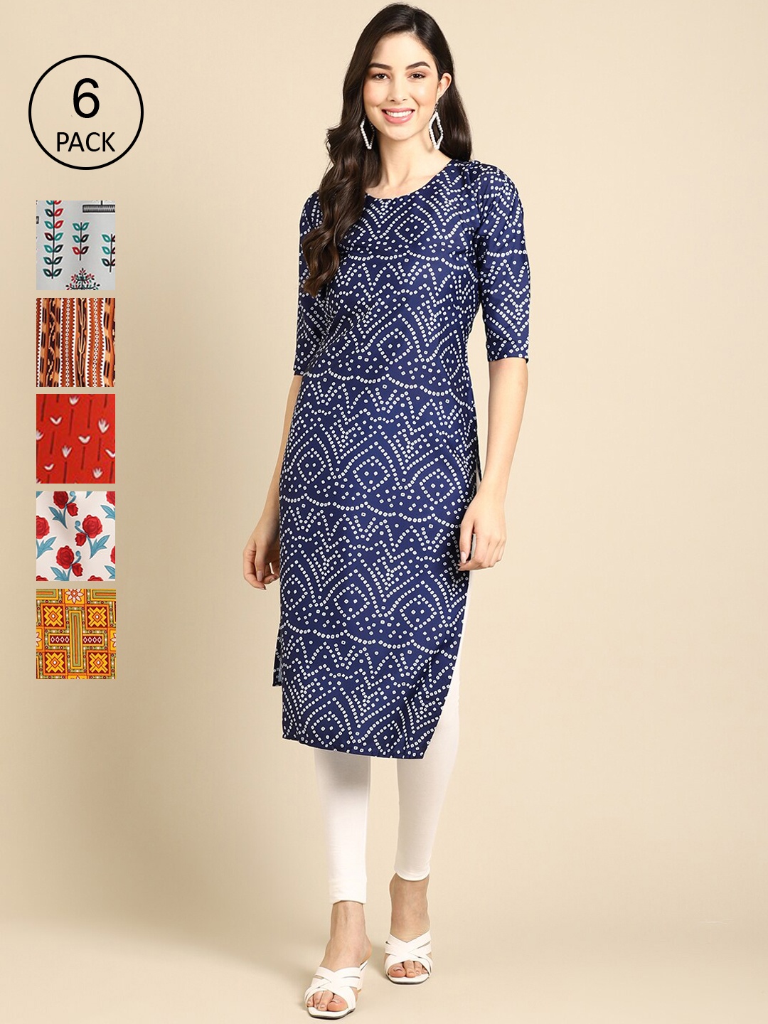 

7Threads Women Pack of 6 Printed Crepe Kurta, Blue