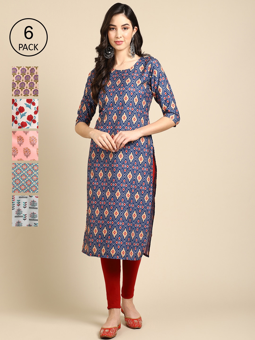 

7Threads Women Navy Blue & Red Floral Printed Block Print Crepe Kurta