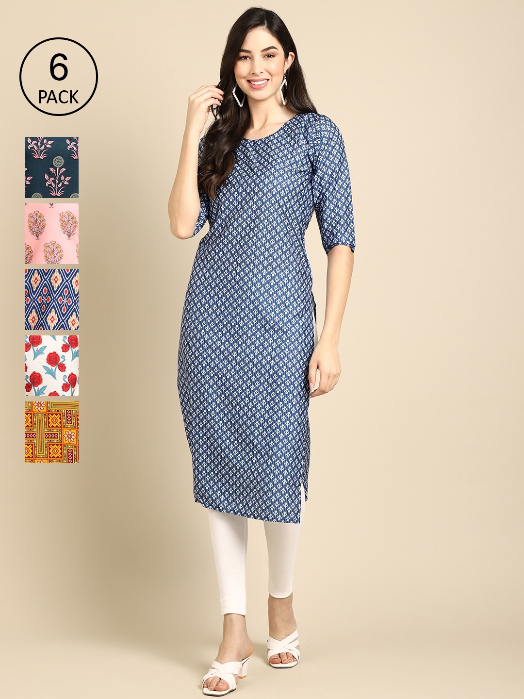 

7Threads Pack Of 6 Women Ethnic Motifs Printed Crepe Kurta, Blue