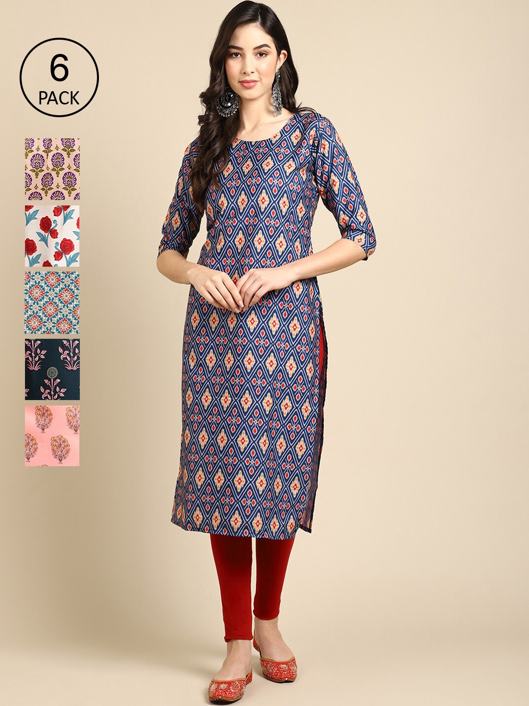

7Threads Women Pack Of 6 Multicoloured Ethnic Motifs Printed Crepe Kurta, Multi