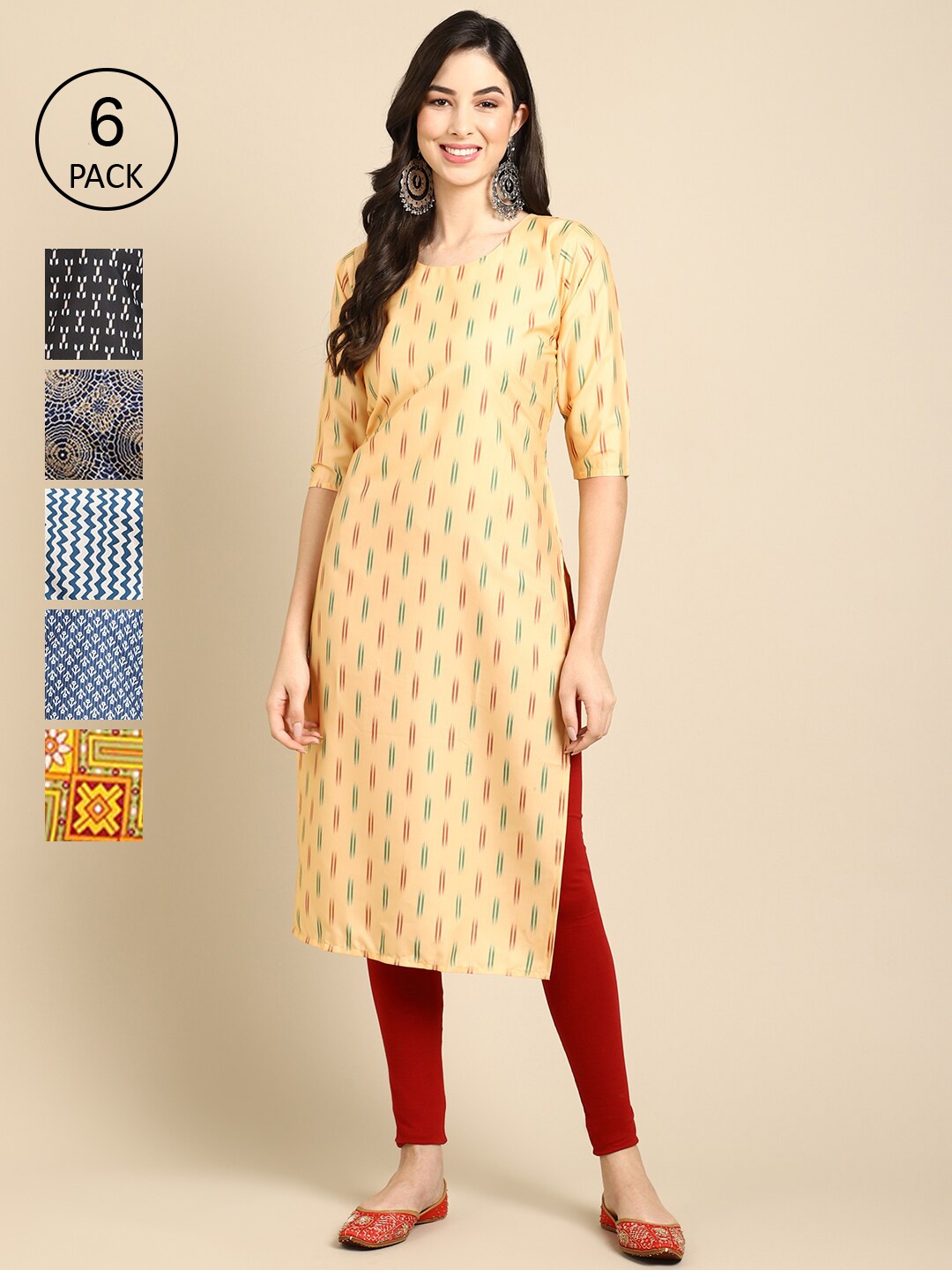 7Threads Pack Of 6 Women Geometric Printed Crepe Kurta, Mustard