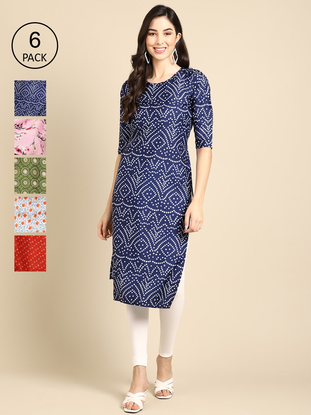 7Threads Women PACK OF 6 Floral Printed Printed Crepe Kurta, Multi