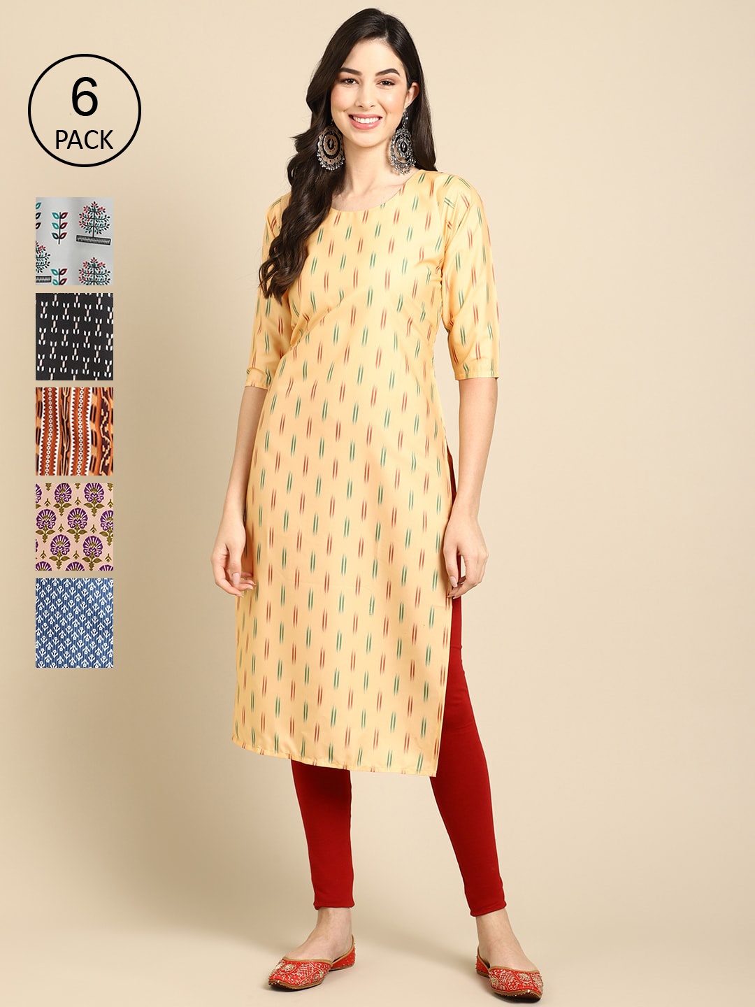 

7Threads PACK OF 6 Women Grey & Yellow Ethnic Motifs Printed Block Print Crepe Kurta