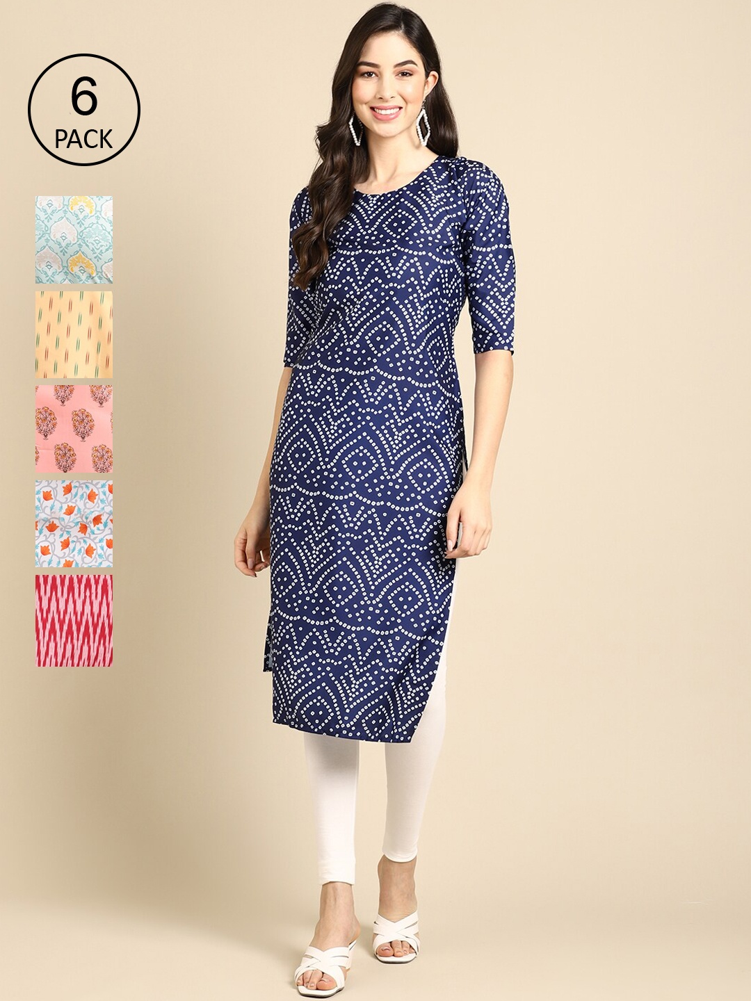 

7Threads Women Blue And Yellow Geometric Printed Block Print Crepe Kurta PACK OF 6