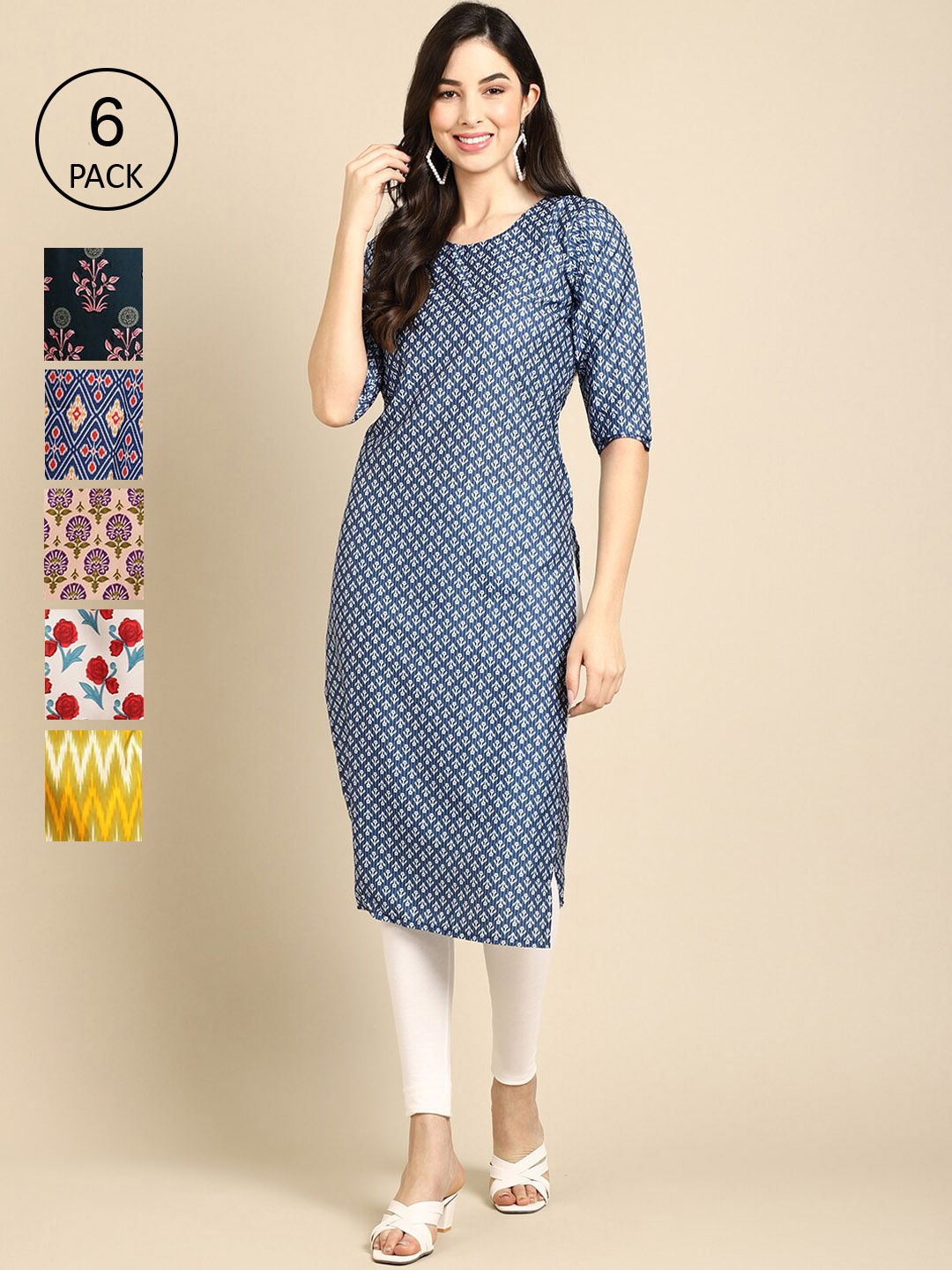 

7Threads Women Pack Of 6 Printed Block Print Crepe Kurtas, Yellow