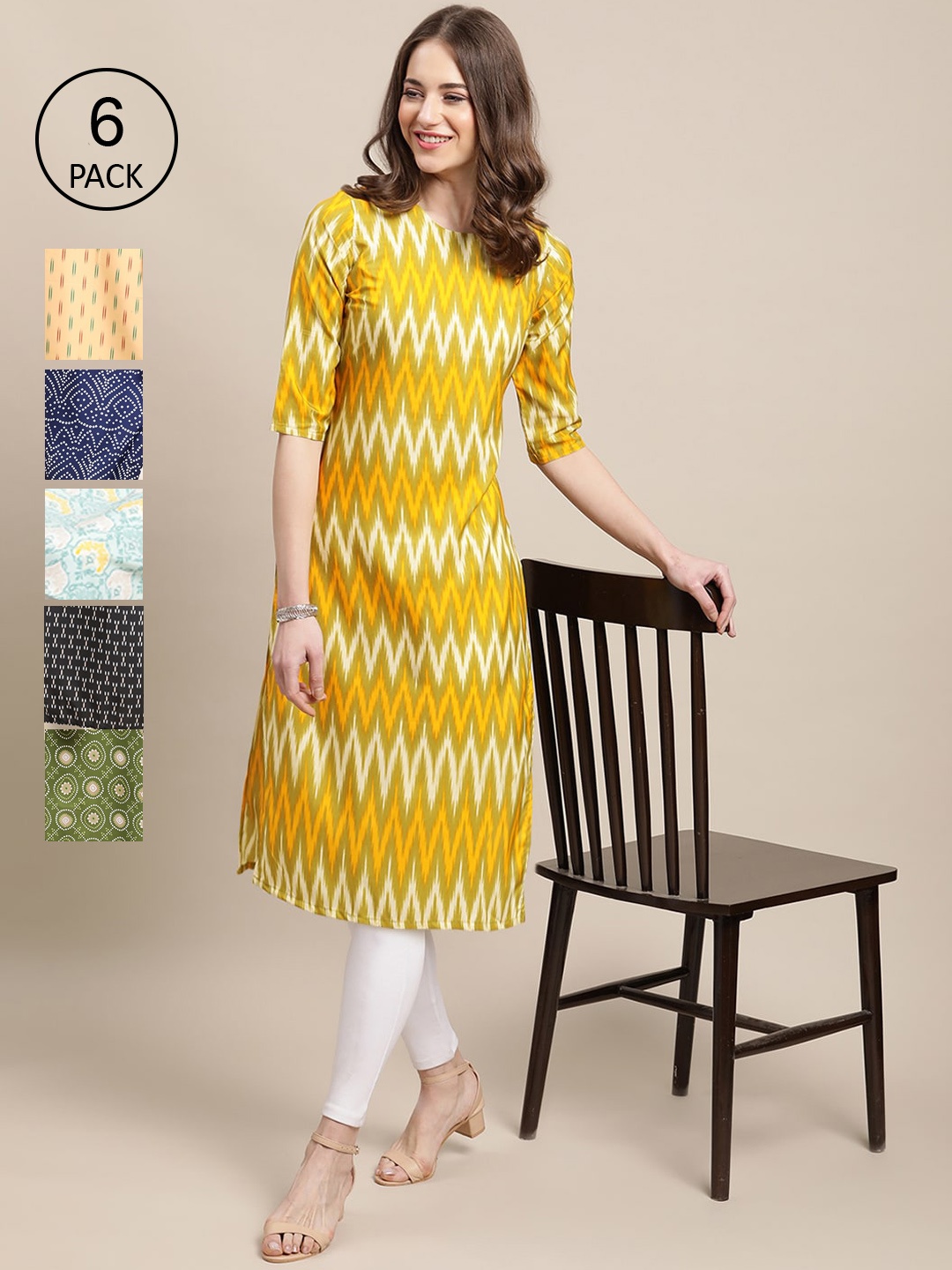 

7Threads Women Yellow & Blue Ethnic Motifs Printed Block Print Crepe Kurta