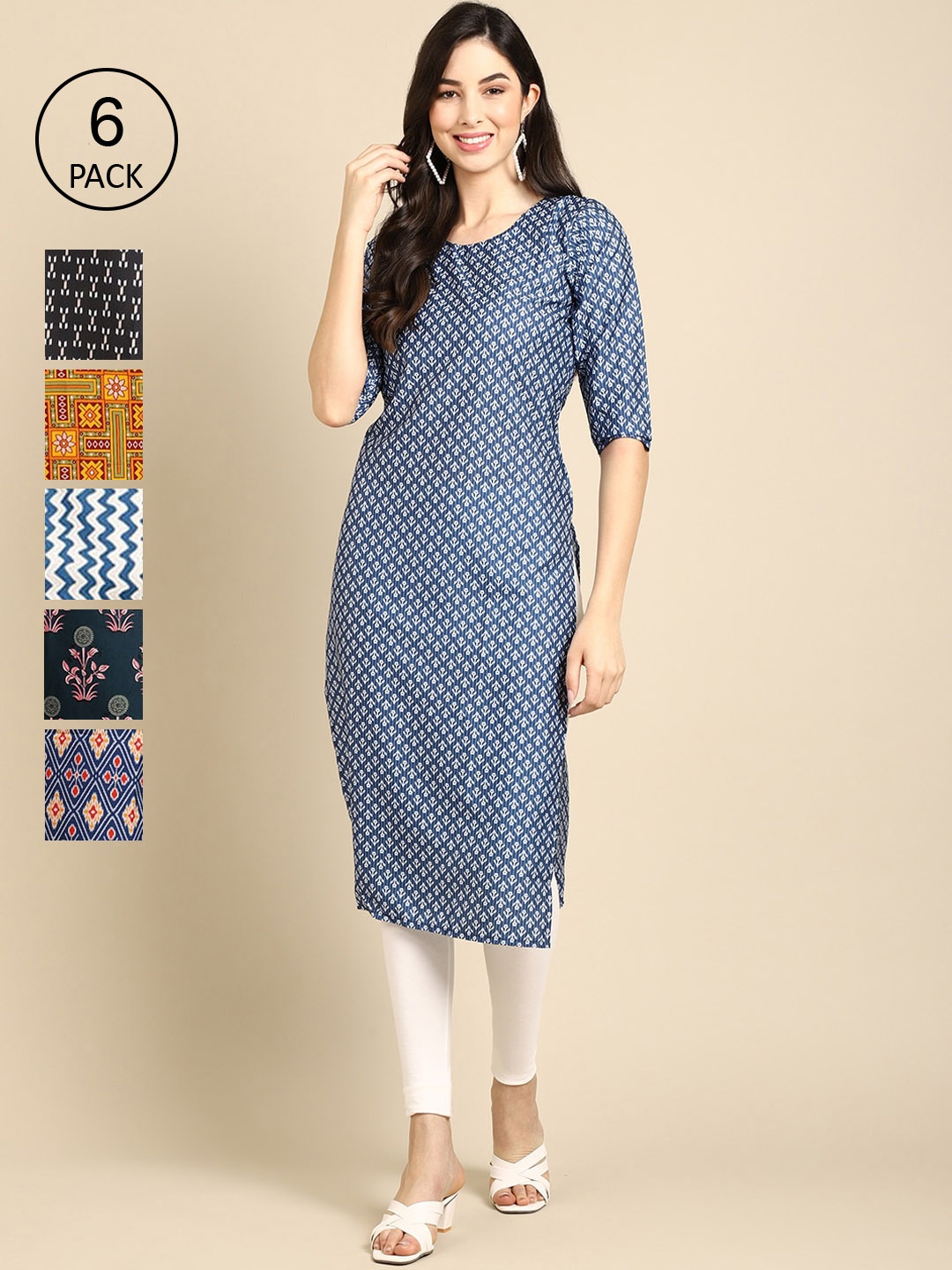 

7Threads Women Pack Of 6 Black & Orange Geometric Printed Block Print Crepe Kurta