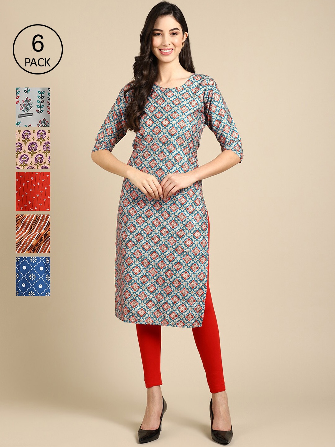 

7Threads Women Pack Of 6 Blue & Red Geometric Printed Block Print Crepe Kurta