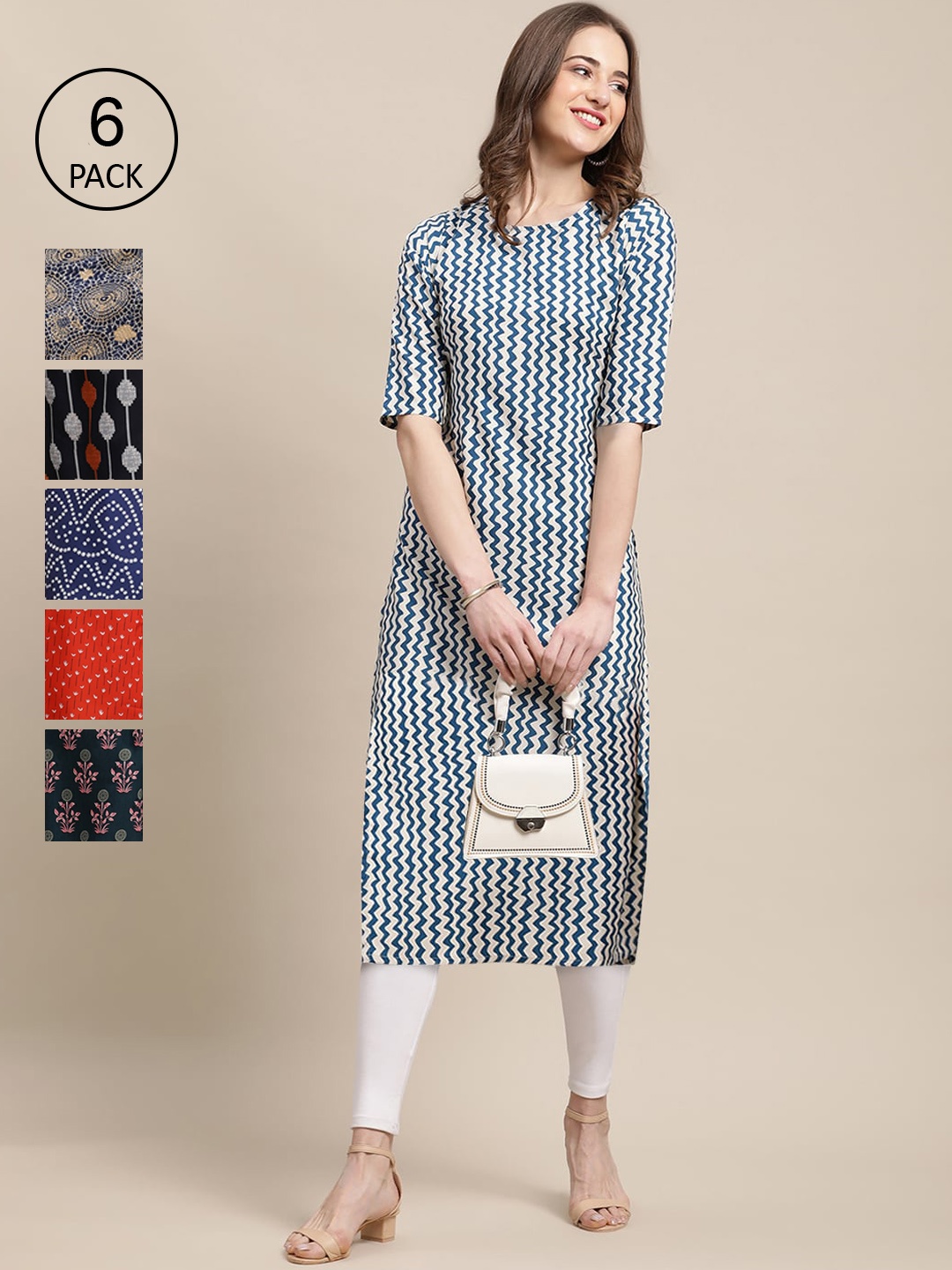 7Threads Women Pack Of 6 Printed Block Print Crepe Kurtas, Blue