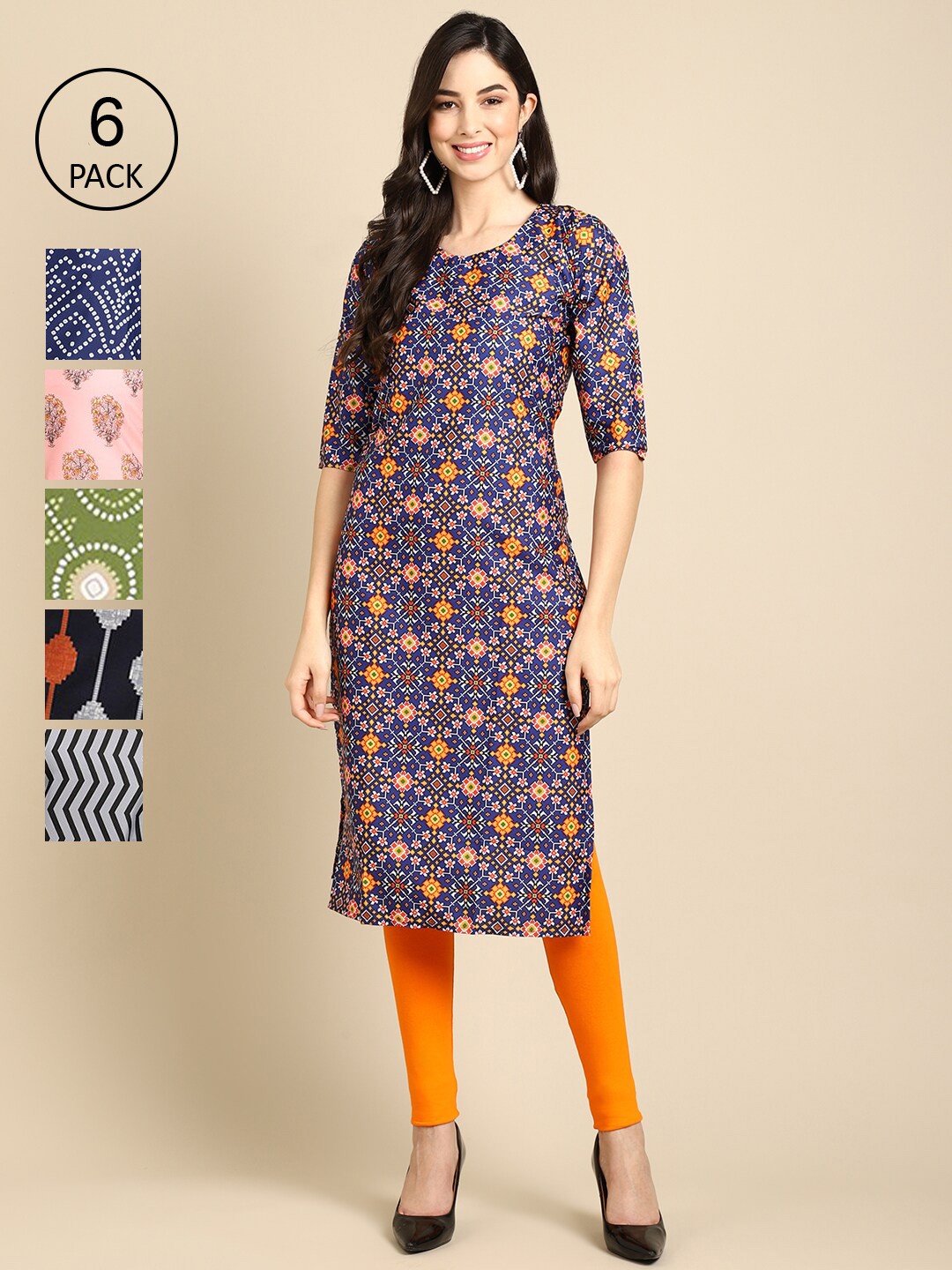 

7Threads Women Pack Of 6 Printed Crepe Kurta, Blue