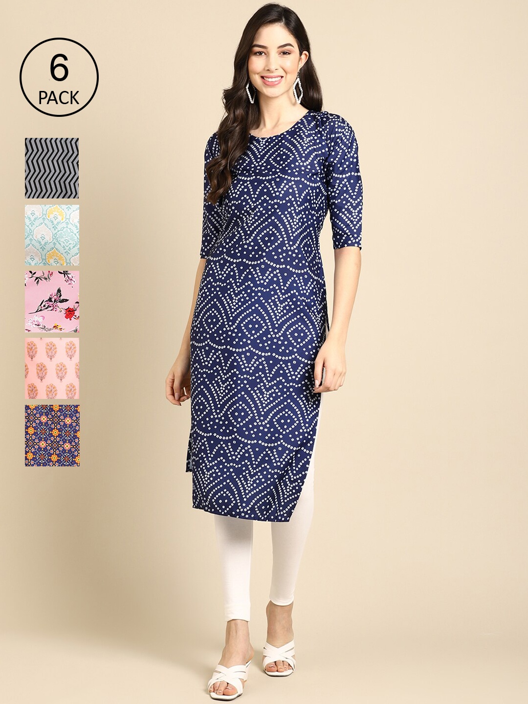 

7Threads Women Pack of 6 Printed Block Print Crepe Kurtas, Blue