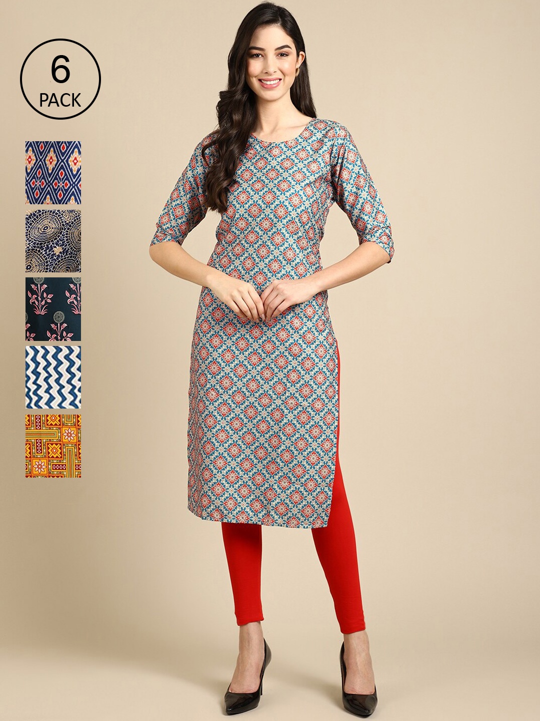 

7Threads Women Grey & Navy Blue Pack Of 6 Floral Printed Crepe Kurta