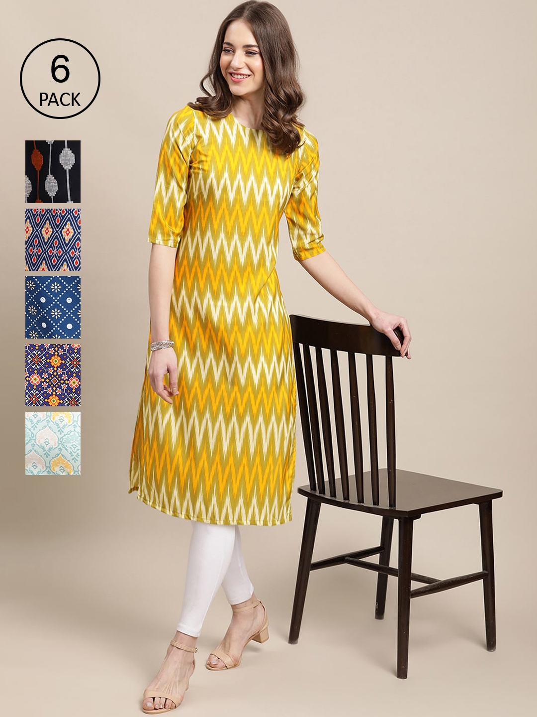 

7Threads Pack Of 6 Women Printed Block Print Crepe Kurta, Yellow