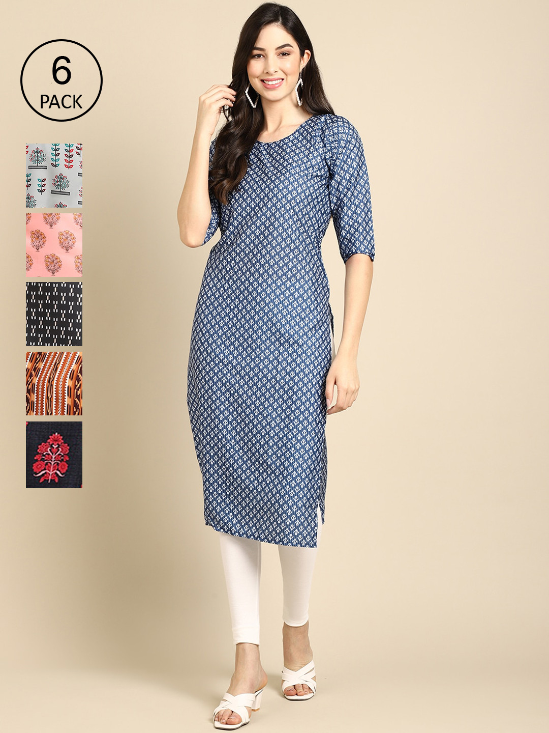 

7Threads Women Set Of 6 Navy Blue & Pink Floral Printed Block Print Crepe Kurtas