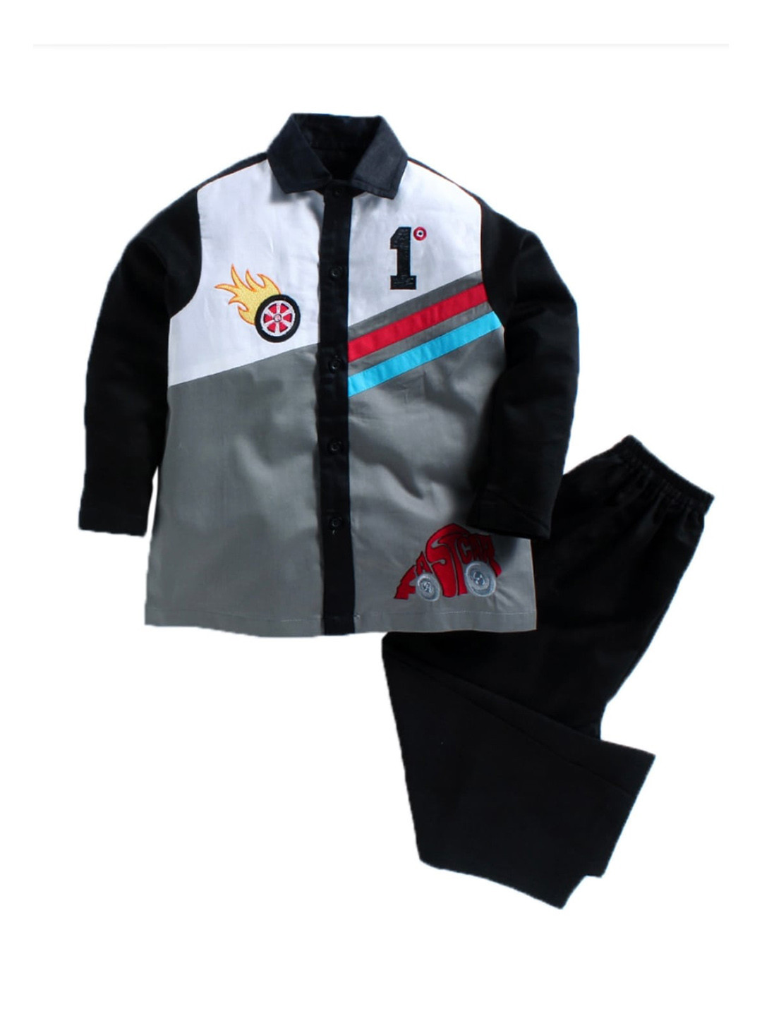 

Kids Clan Kids Black & White Colourblocked Racing Driver Night suit