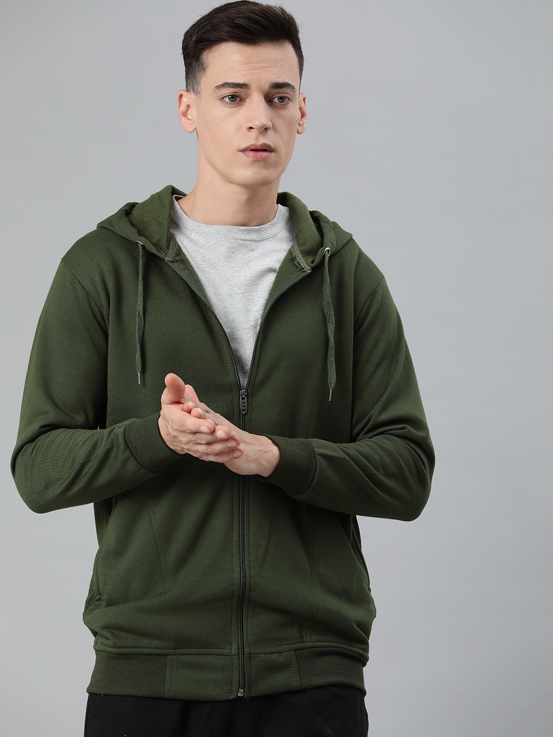 

ADBUCKS Men Olive Green Hooded Sweatshirt