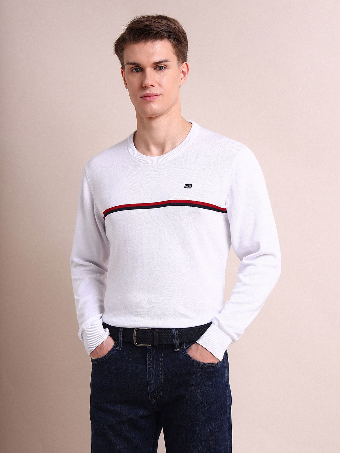 

Arrow Sport Men White & Red Striped Round Neck Striped Pullover