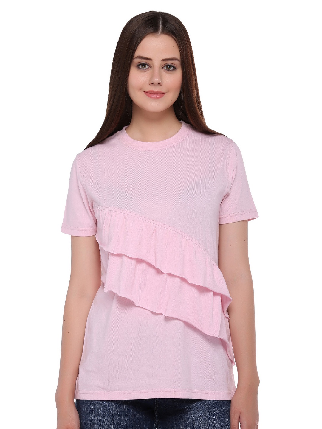 

Club York Women Pink Solid Cotton Short Sleeves T-shirt