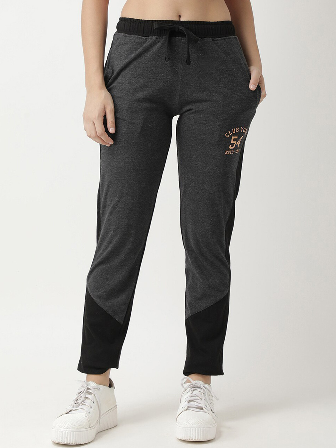 

Club York Women Charcoal & Black Printed Slim-Fit Track Pants