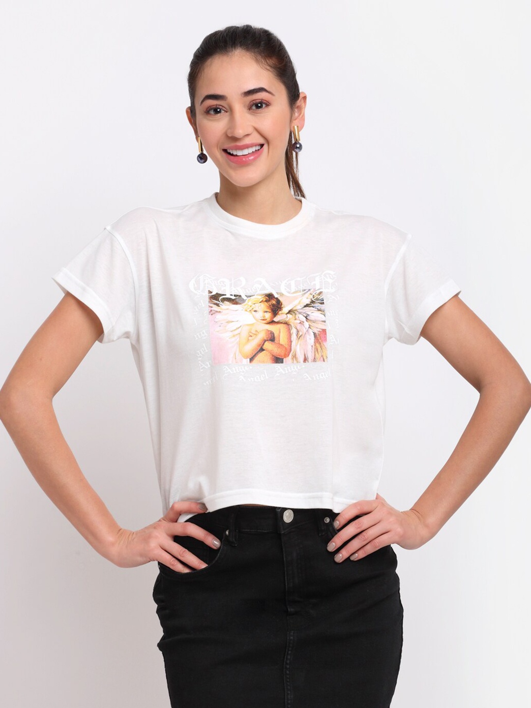 Club York Women White Printed Cotton T-shirt