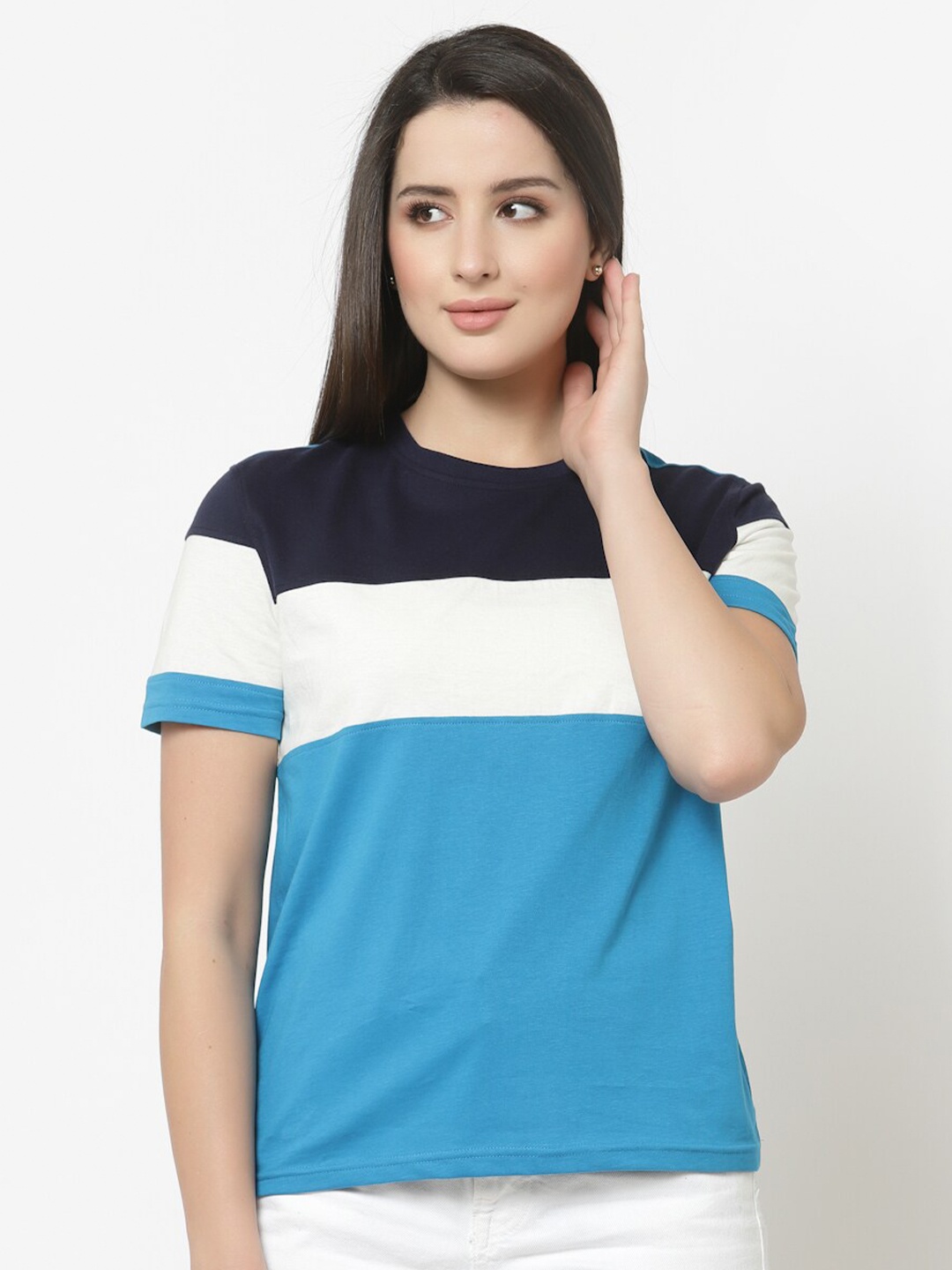 

Club York Women Blue & Black Colourblocked T-shirt