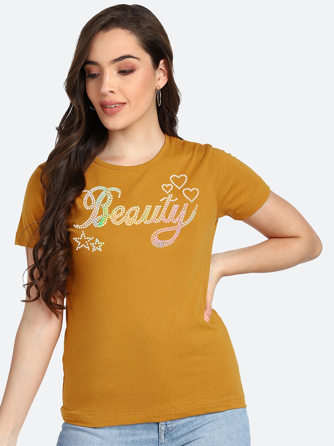 shashvi Women Mustard Yellow Typography Printed T-shirt