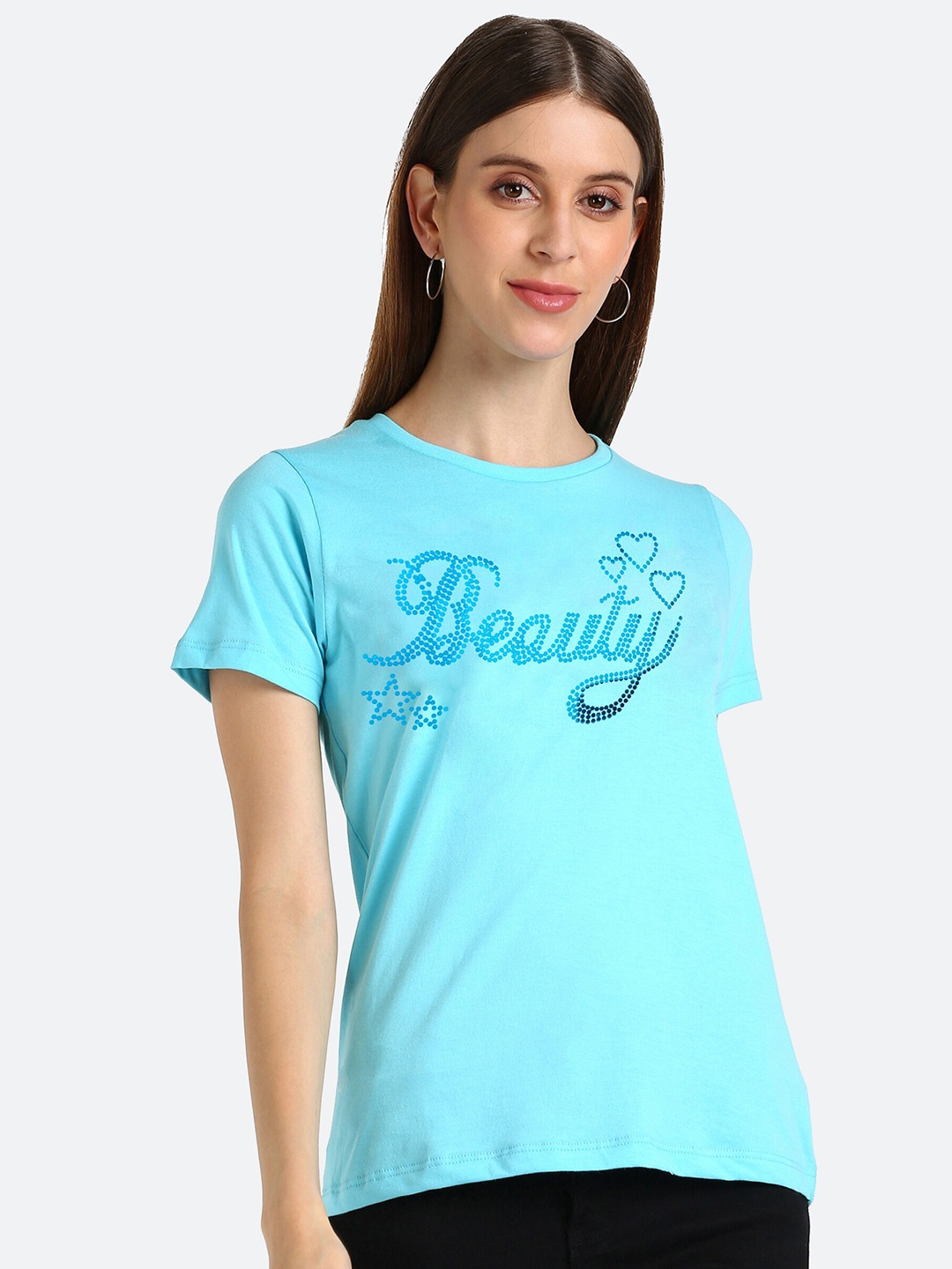 

shashvi Women Blue Typography Printed Round Neck T-shirt