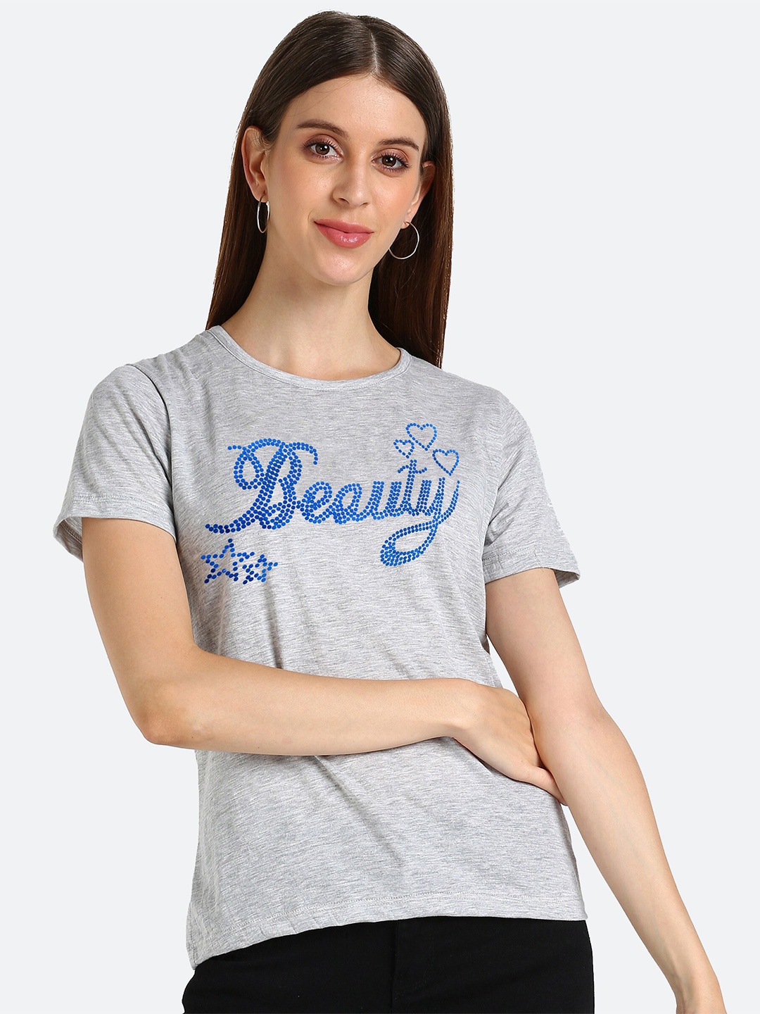 

shashvi Women Grey Melange Typography Printed T-shirt