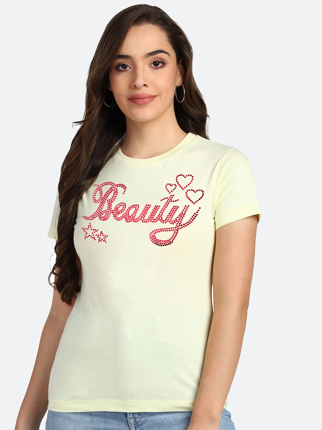 

shashvi Women Yellow Typography Printed T-shirt