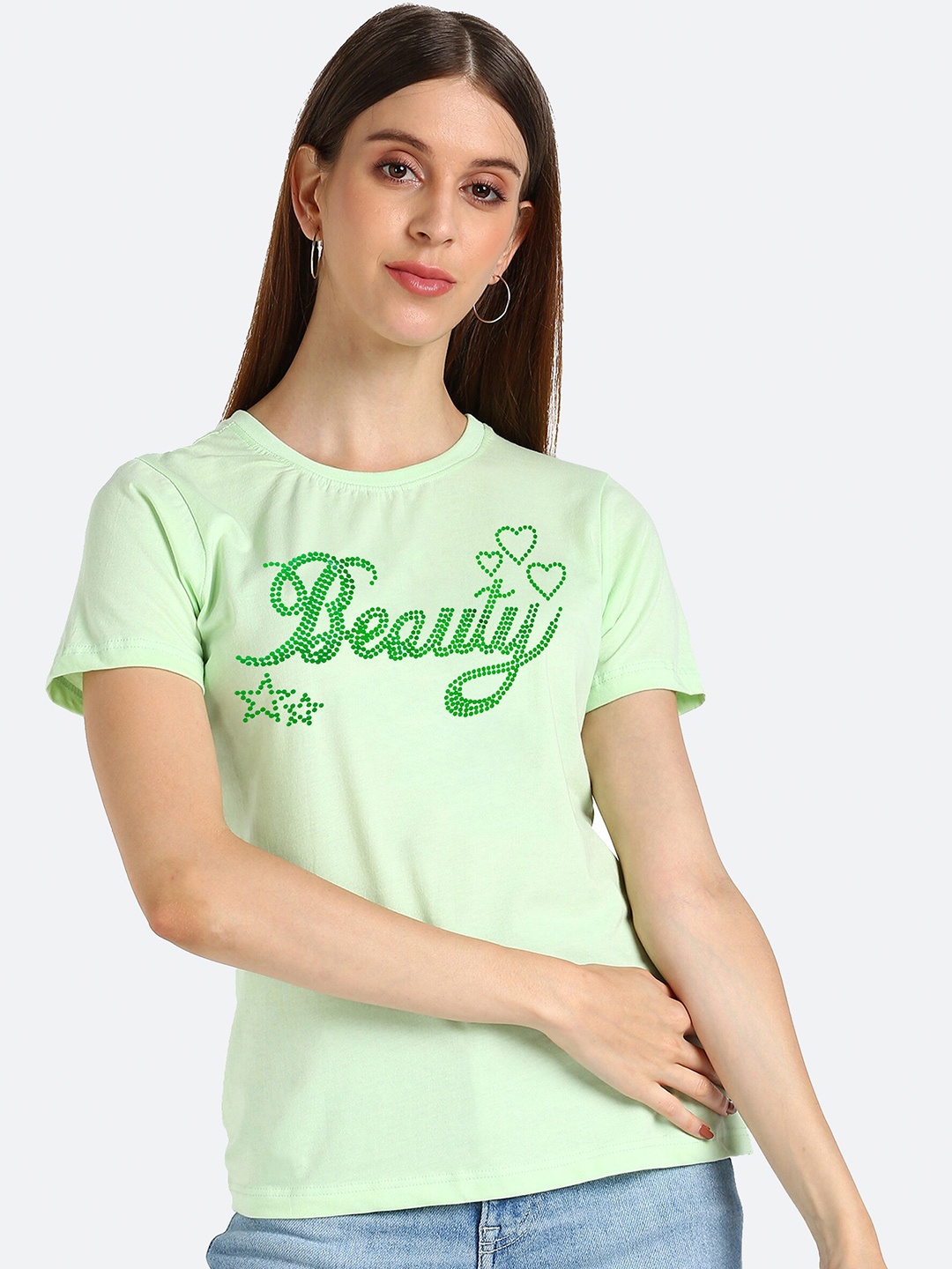 

shashvi Women Sea Green Typography Printed Cotton T-shirt