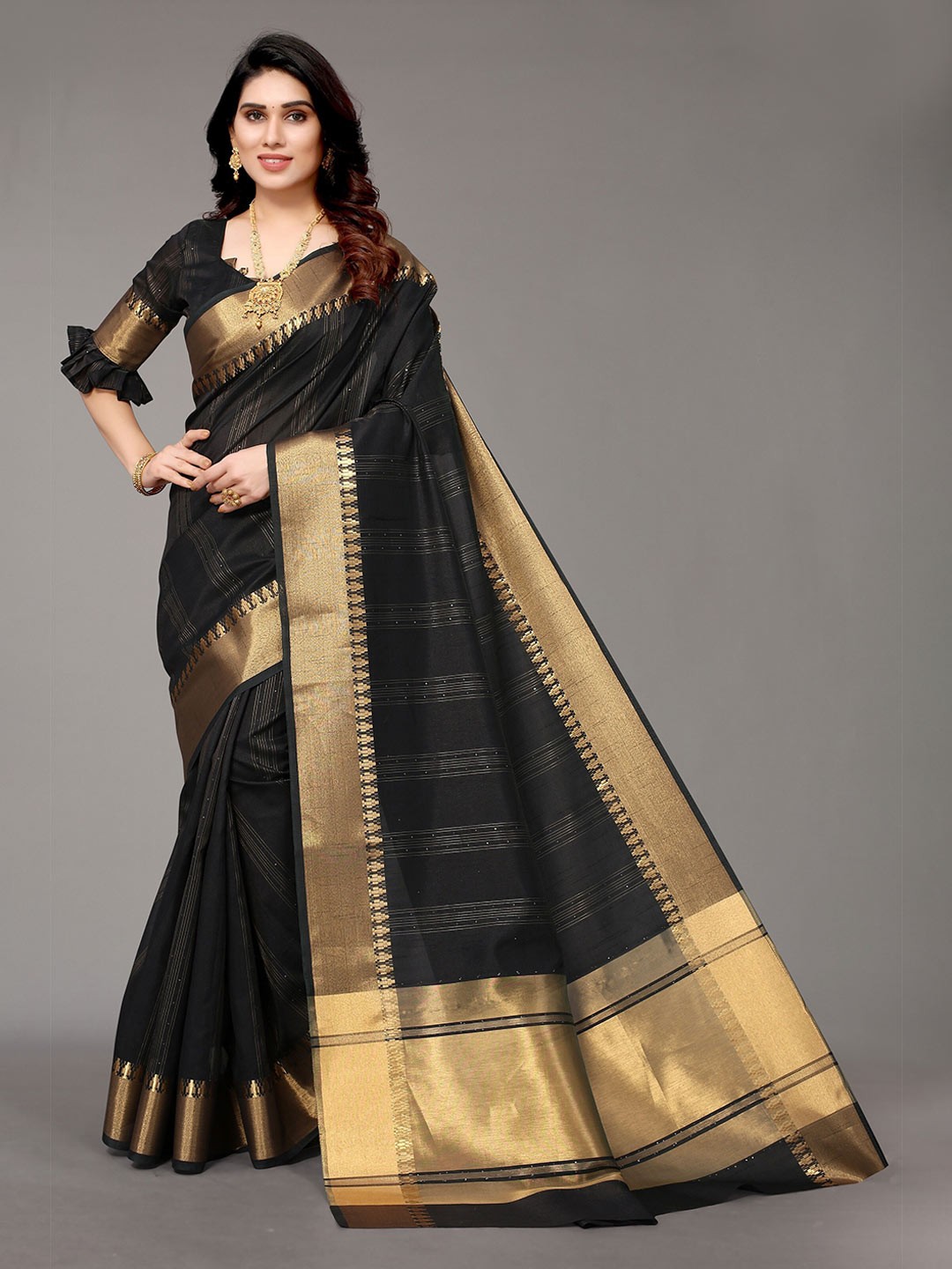

Winza Designer Women Black & Gold-Toned Woven Design Zari Silk Blend Banarasi Saree