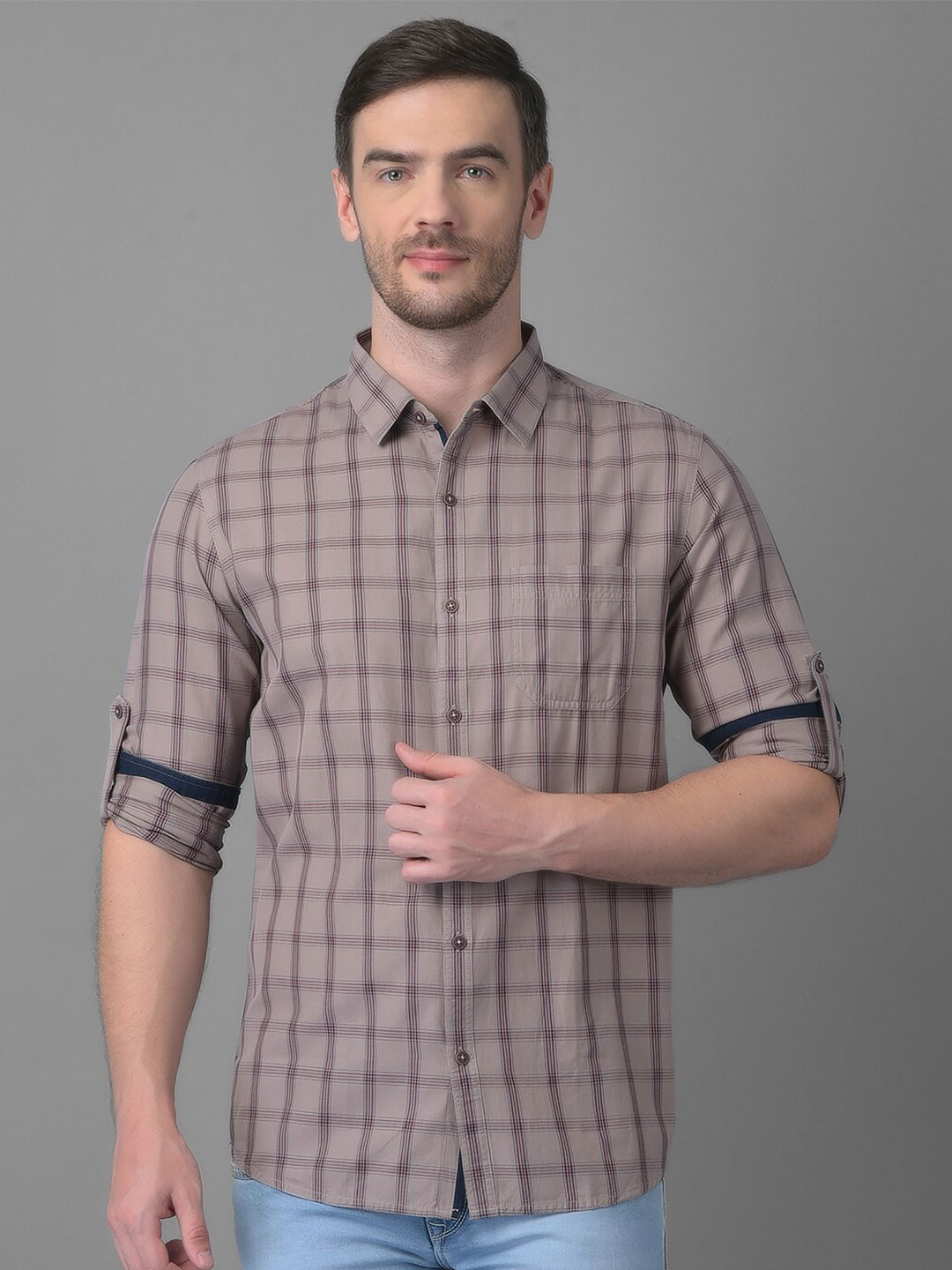 

Canary London Men Taupe Smart Slim Fit Checked Casual Shirt