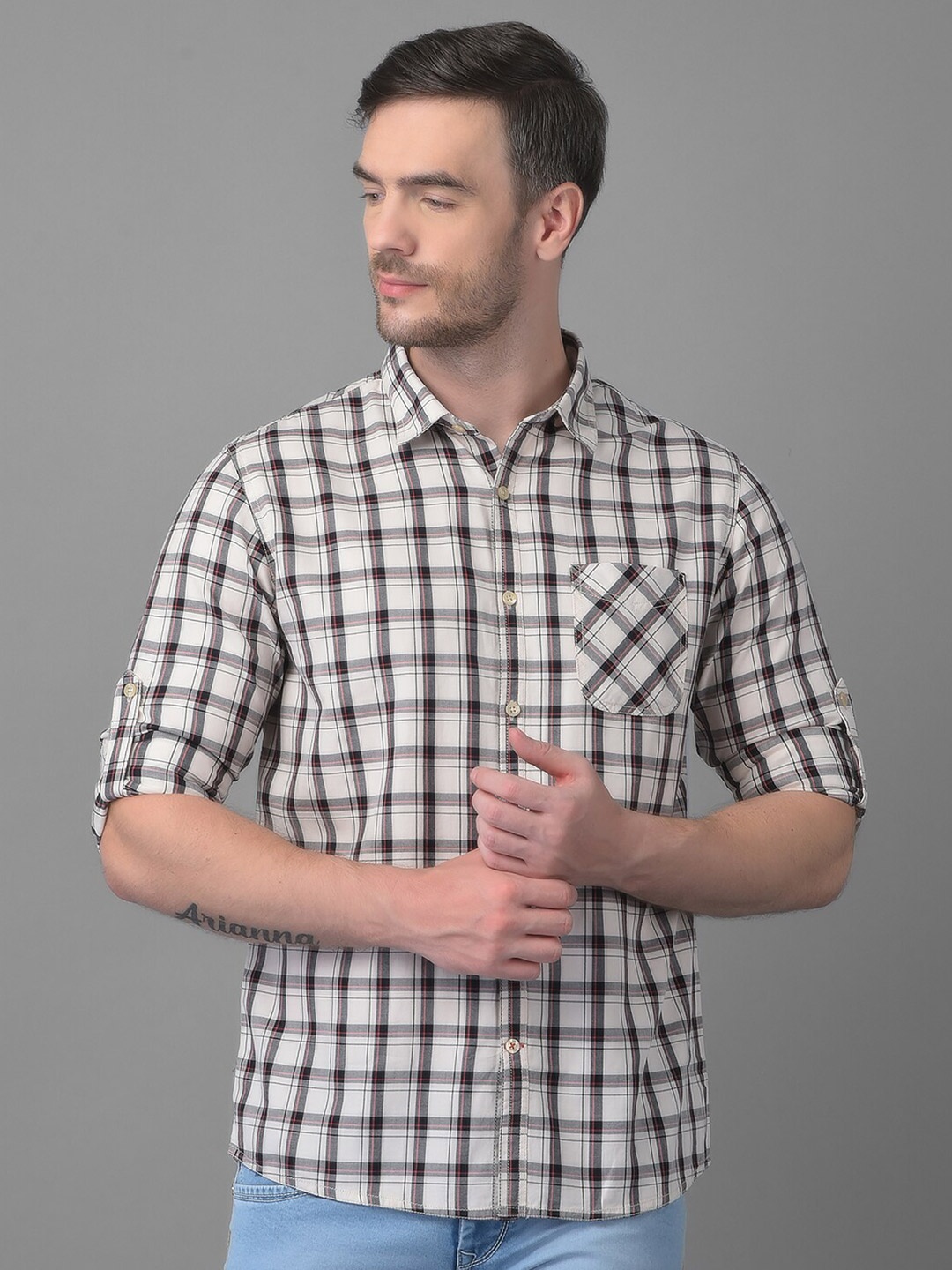 

Canary London Men Off White Smart Slim Fit Tartan Checks Checked Casual Shirt
