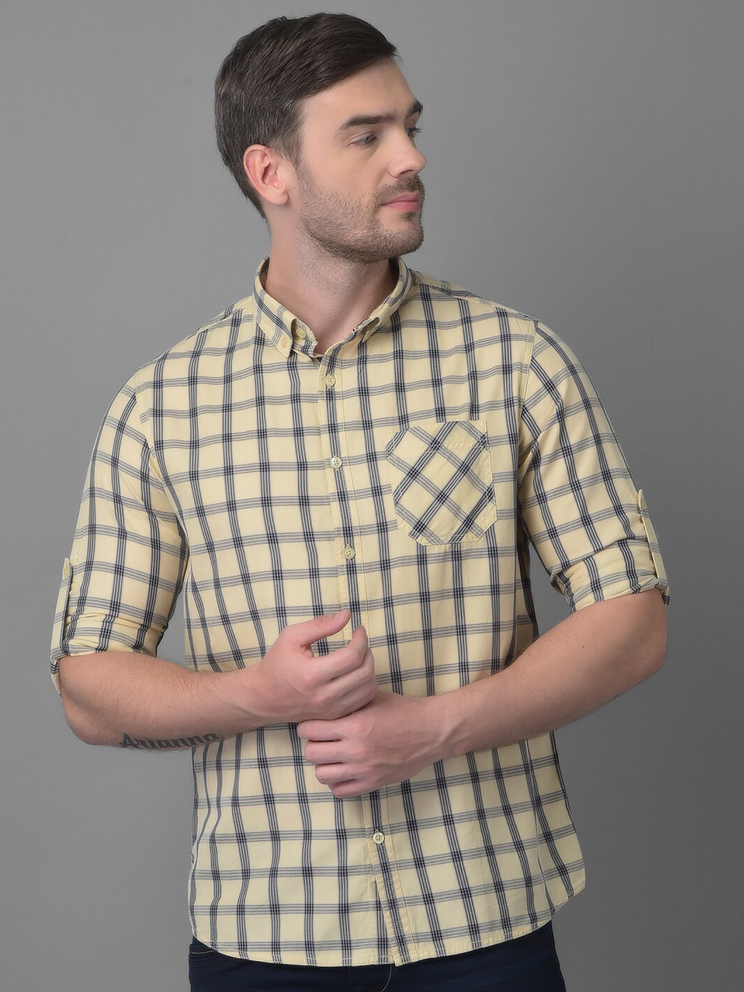 

Canary London Men Yellow Smart Slim Fit Tartan Checked Cotton Casual Shirt