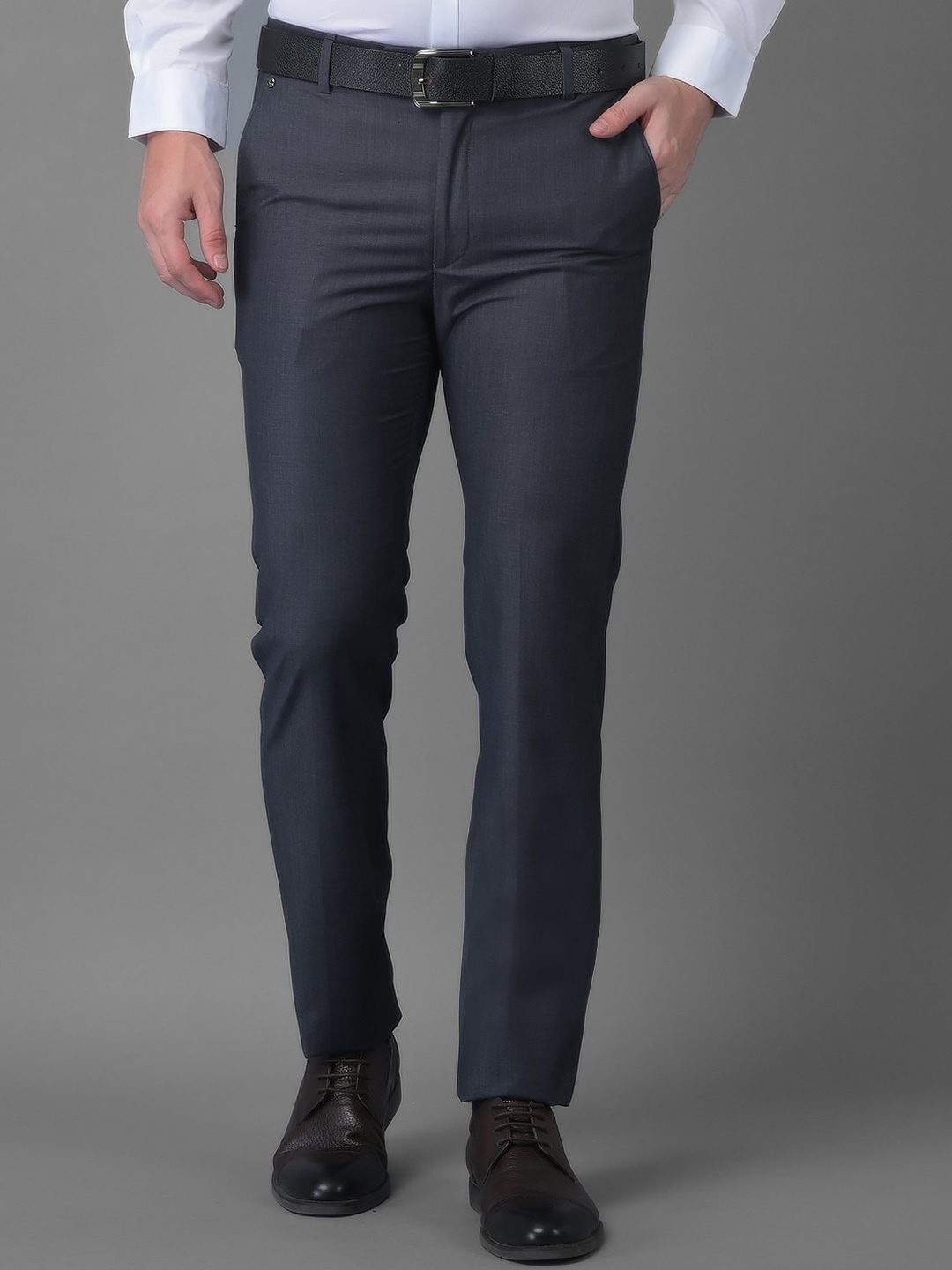

Canary London Men Navy Blue Smart Slim Fit Wrinkle Free Trousers